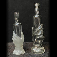 Two 19th Century Hand Blown Glass Hand Shaped Bath Soap or Beauty Oil Bottles