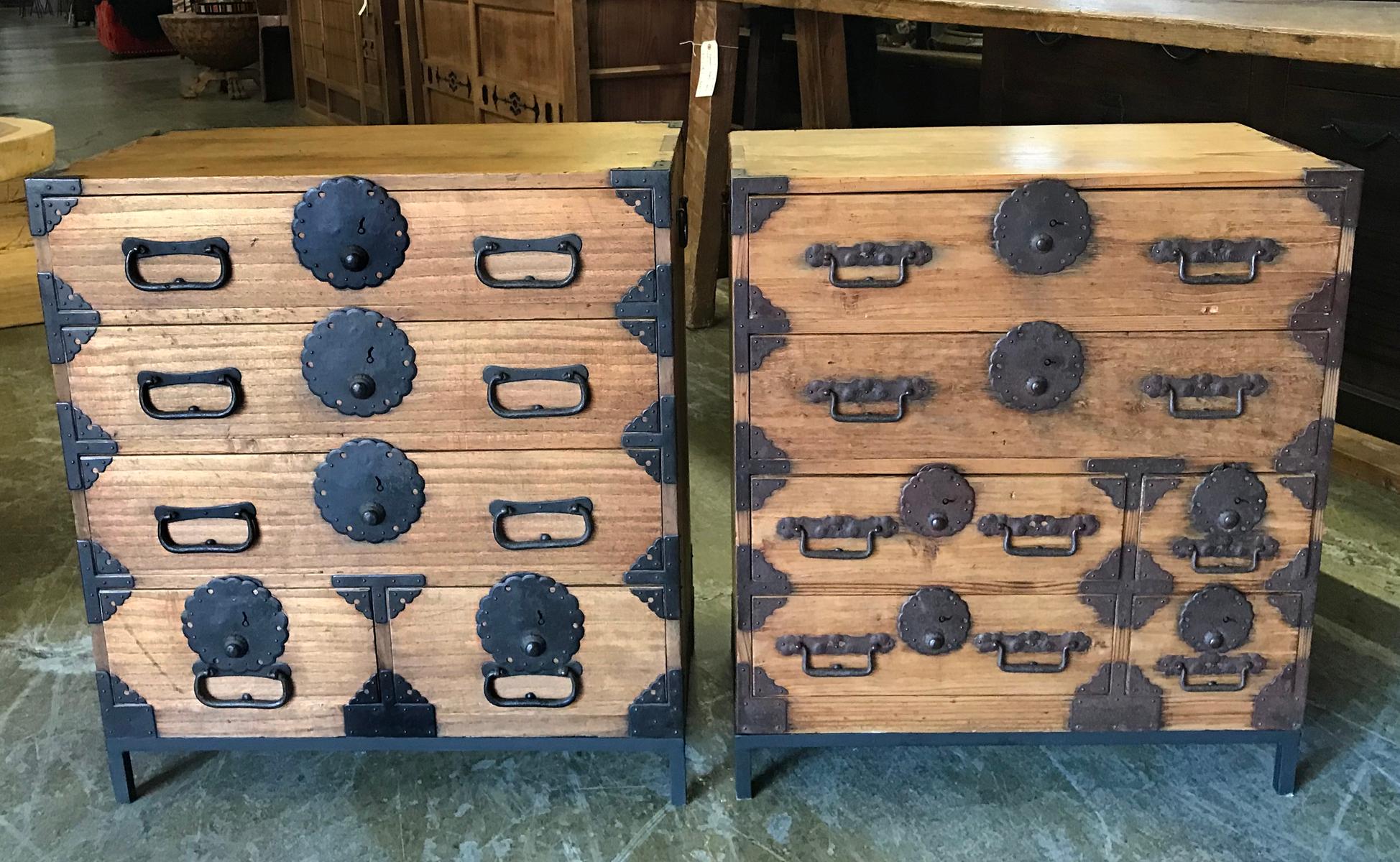 These small Japanese chests of drawers are well sized for night tables in smaller bedrooms.  They are not a pair but work well together.  The storage for a small table is abundant.  Lovely light colored wood and all is original, including iron pulls