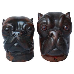 Antique Two 19th Century Lignum Vitae or Pockwood Carved Victorian Bulldog Inkwells