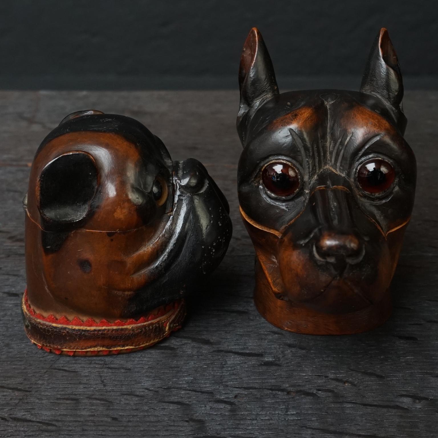 Two 19th Century Lignum Vitae or Pockwood Victorian Bulldog Doberman Inkwells 11