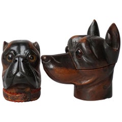 Antique Two 19th Century Lignum Vitae or Pockwood Victorian Bulldog Doberman Inkwells