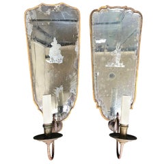 Antique Two 19th Century Neoclassical Mirrored Sconces with Engraved Crests & Lead Edges