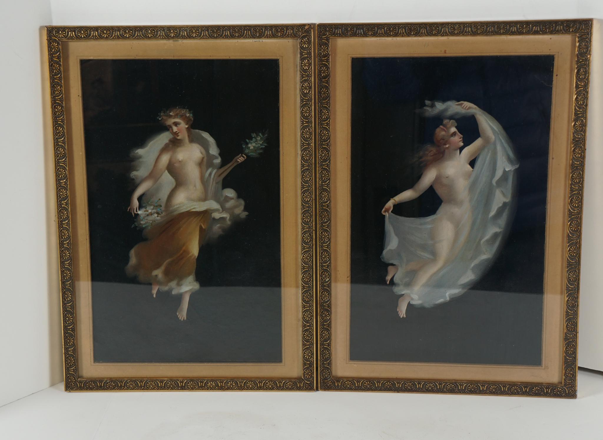 These two paintings, considered tourist art produced in Naples Italy in the late 19th century, are reinterpretations of the frescos found in the excavations of Pompei. The painting is light and delicate, typical of Roman imperial works done as