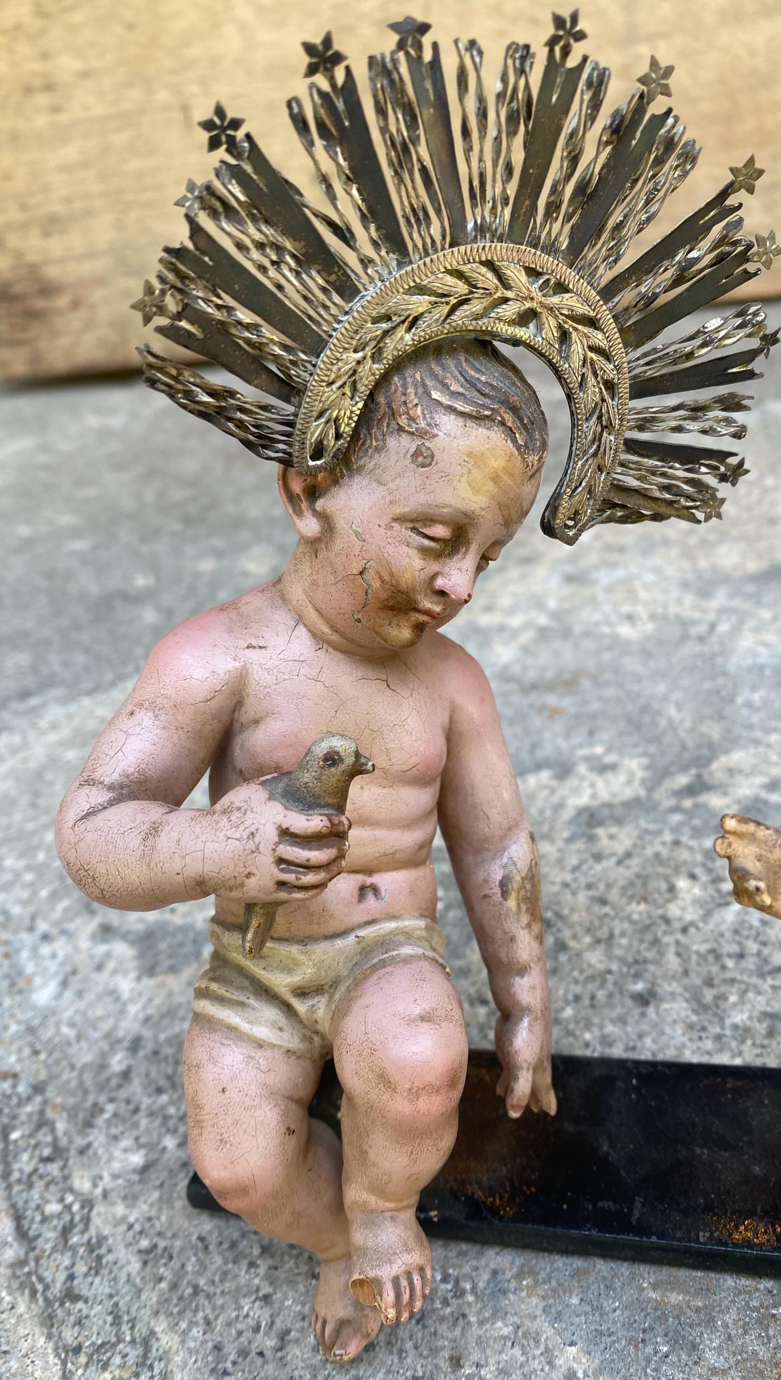 Spanish Colonial Two 19th Century Polychrome Ninos - Sleeping Holding A Bird For Sale