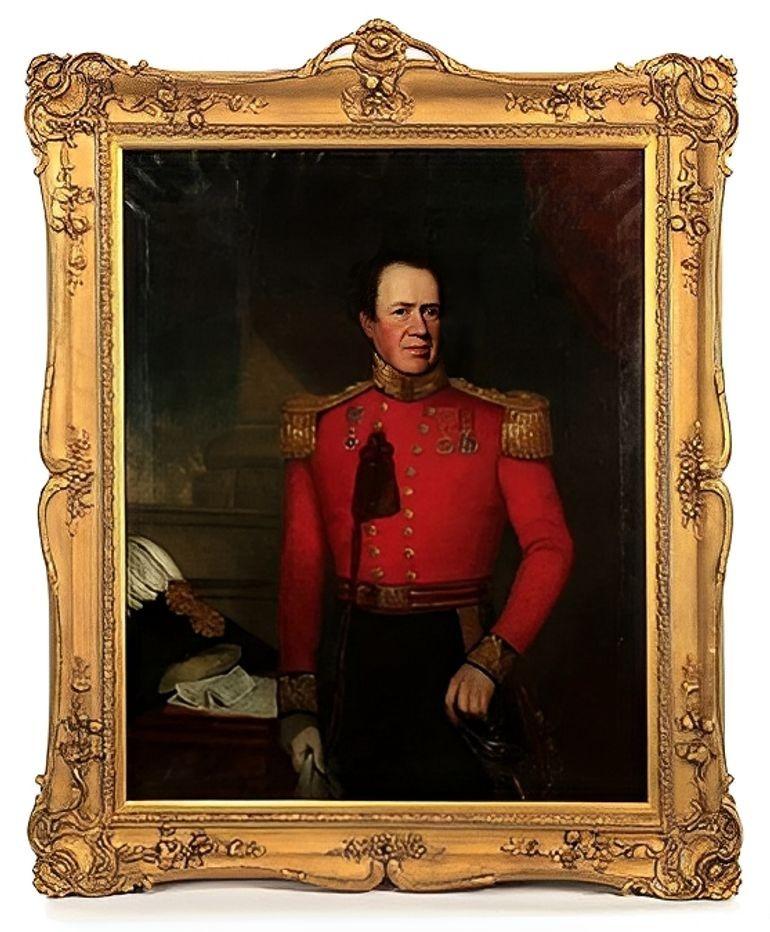 A distinguished set of two 19th century Continental oil on canvas portraits, depicting an important British military officer in full dress uniform and a refined lady posed in a formal garden setting. Both portraits are unsigned and remain housed in