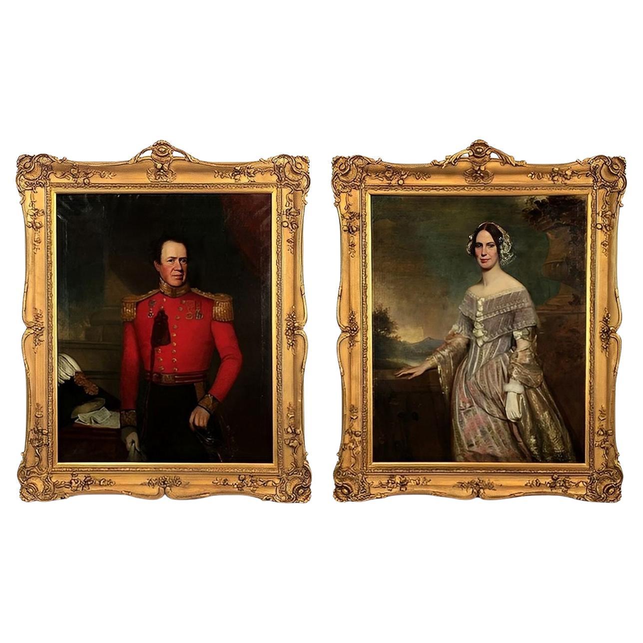 Two 19th Century Portraits of a British Officer & Lady in Gilt Frames, England. For Sale