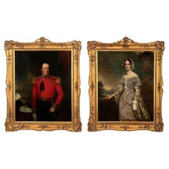 Two 19th Century Portraits of a British Officer & Lady in Gilt Frames, England.