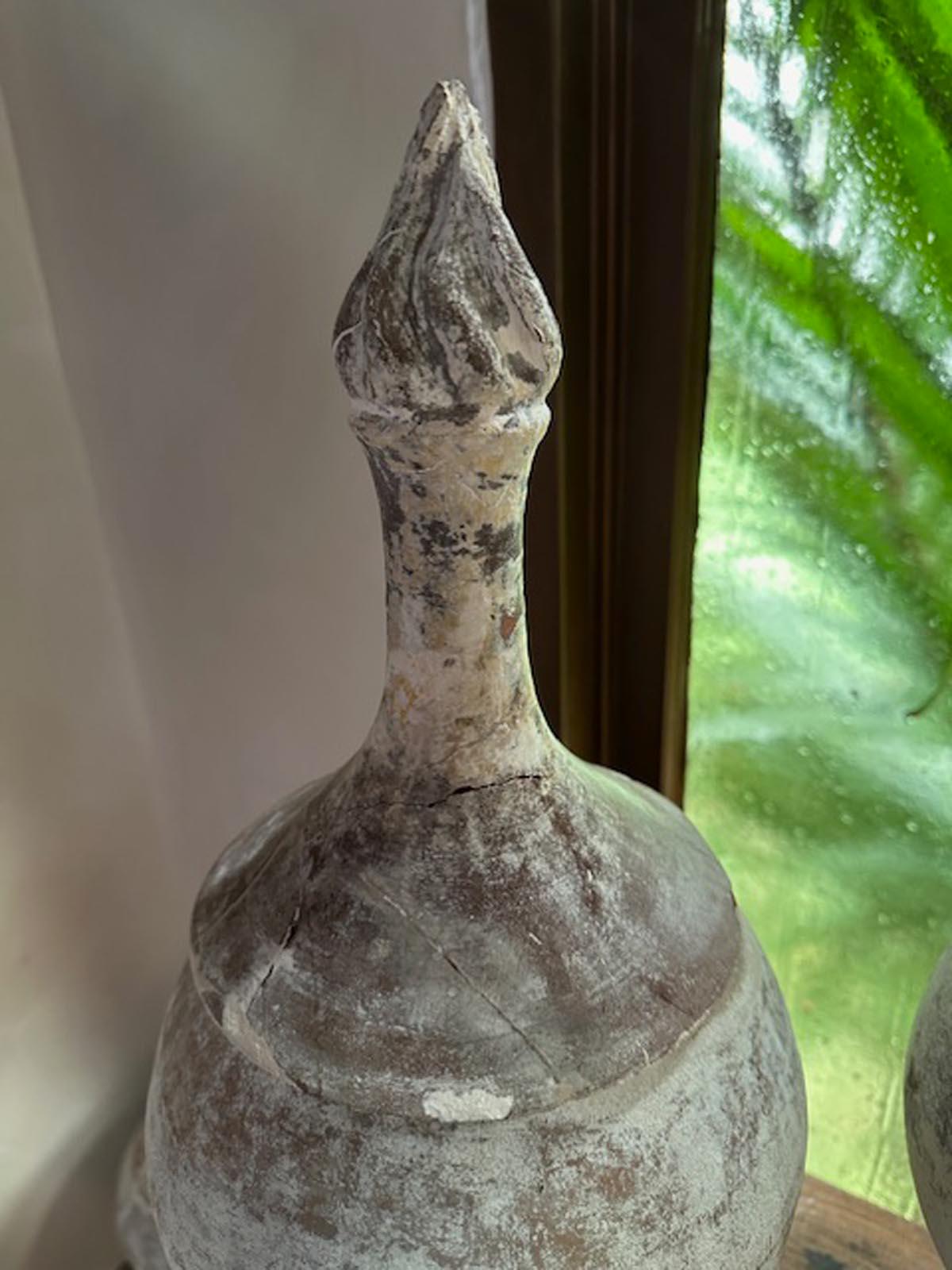 Spanish Colonial Two 19th Century Terracotta and Gesso Finials With Flames For Sale