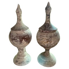 Antique Two 19th Century Terracotta and Gesso Finials With Flames