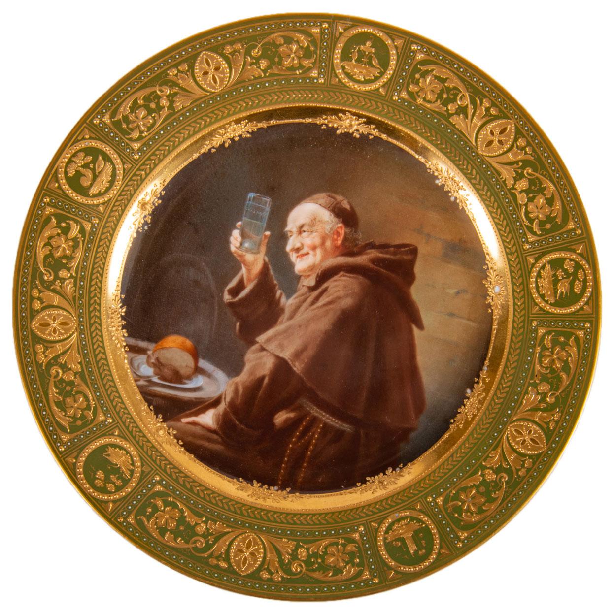 Two fine quality late 19th century Vienna porcelain cabinet plates, depicting a Monk and a brewer. Each with wonderful classical scrolling motif and foliate decoration to the boarders, one plate depicting a brewers with a barrel under his arm the
