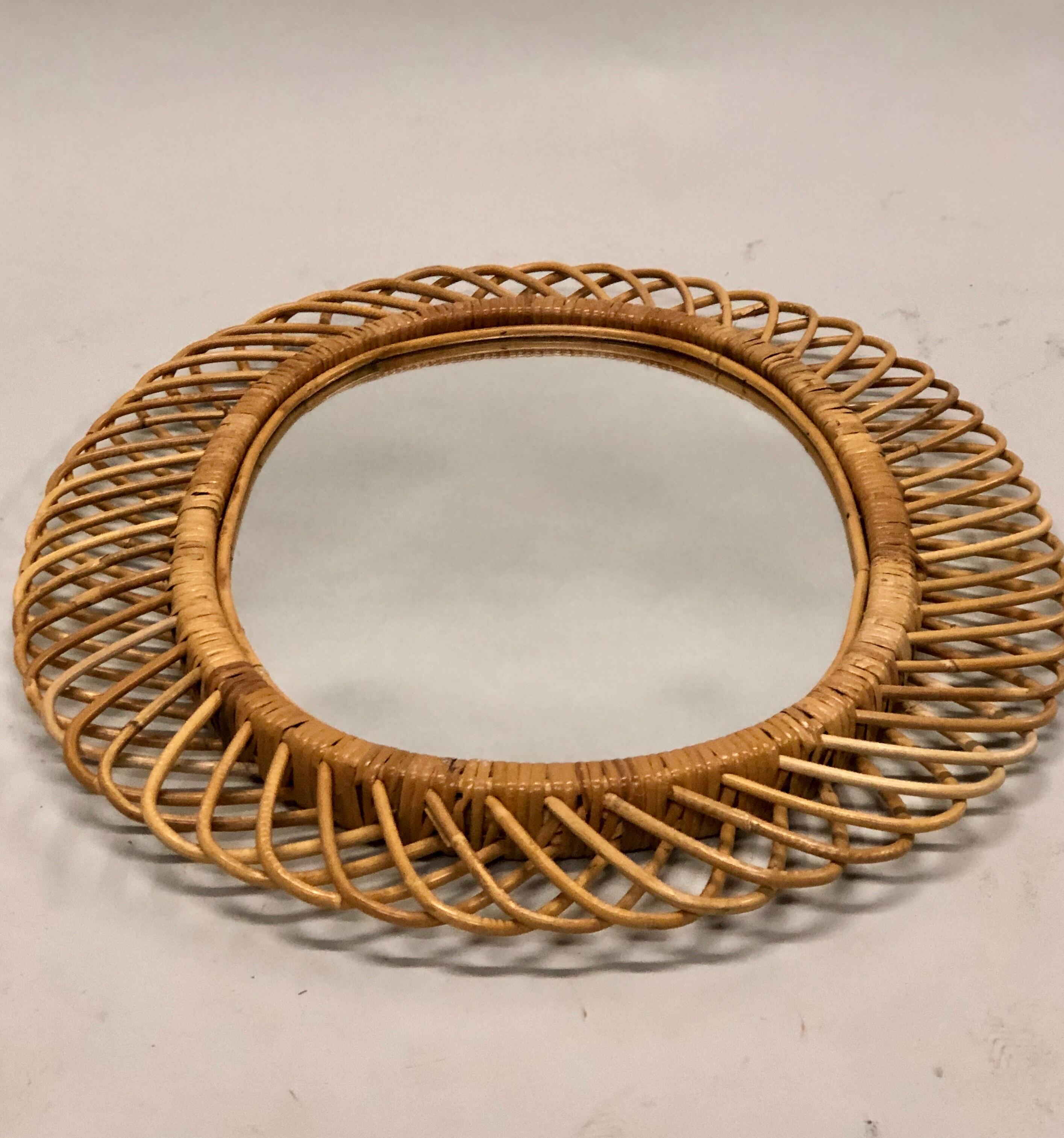 2 Italian Mid-Century Modern Rattan and Bamboo Wall Mirrors, Franco Albini For Sale 4