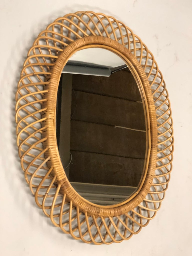 2 Italian MidCentury Modern Rattan and Bamboo Wall Mirrors Attributed