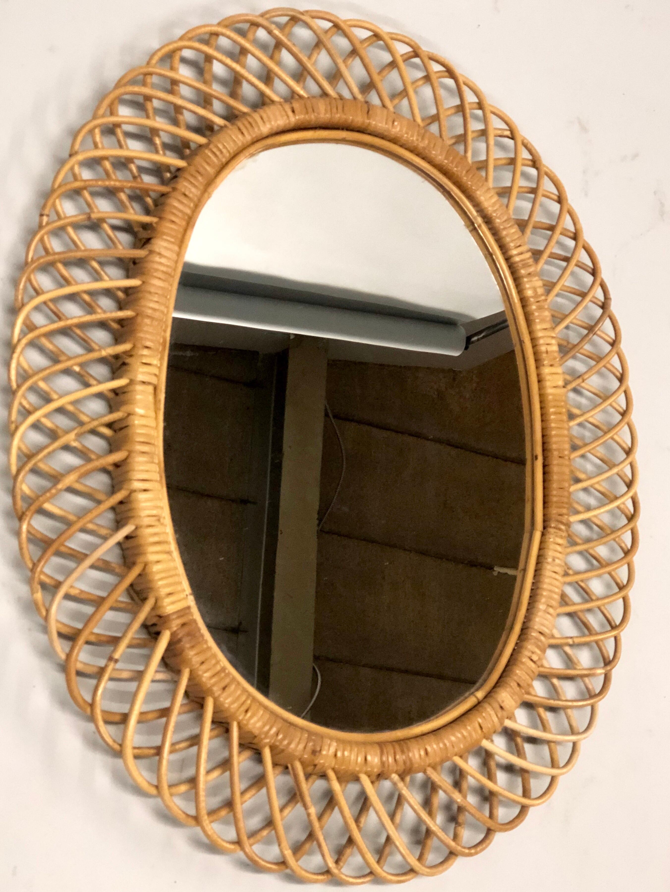 2 Italian Mid-Century Modern Rattan and Bamboo Wall Mirrors, Franco Albini In Good Condition For Sale In New York, NY