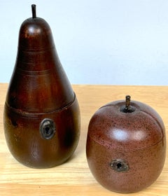 Two 20th C English Style Polychromed Carved Wood Apple & Pear Boxes/Tea Caddies