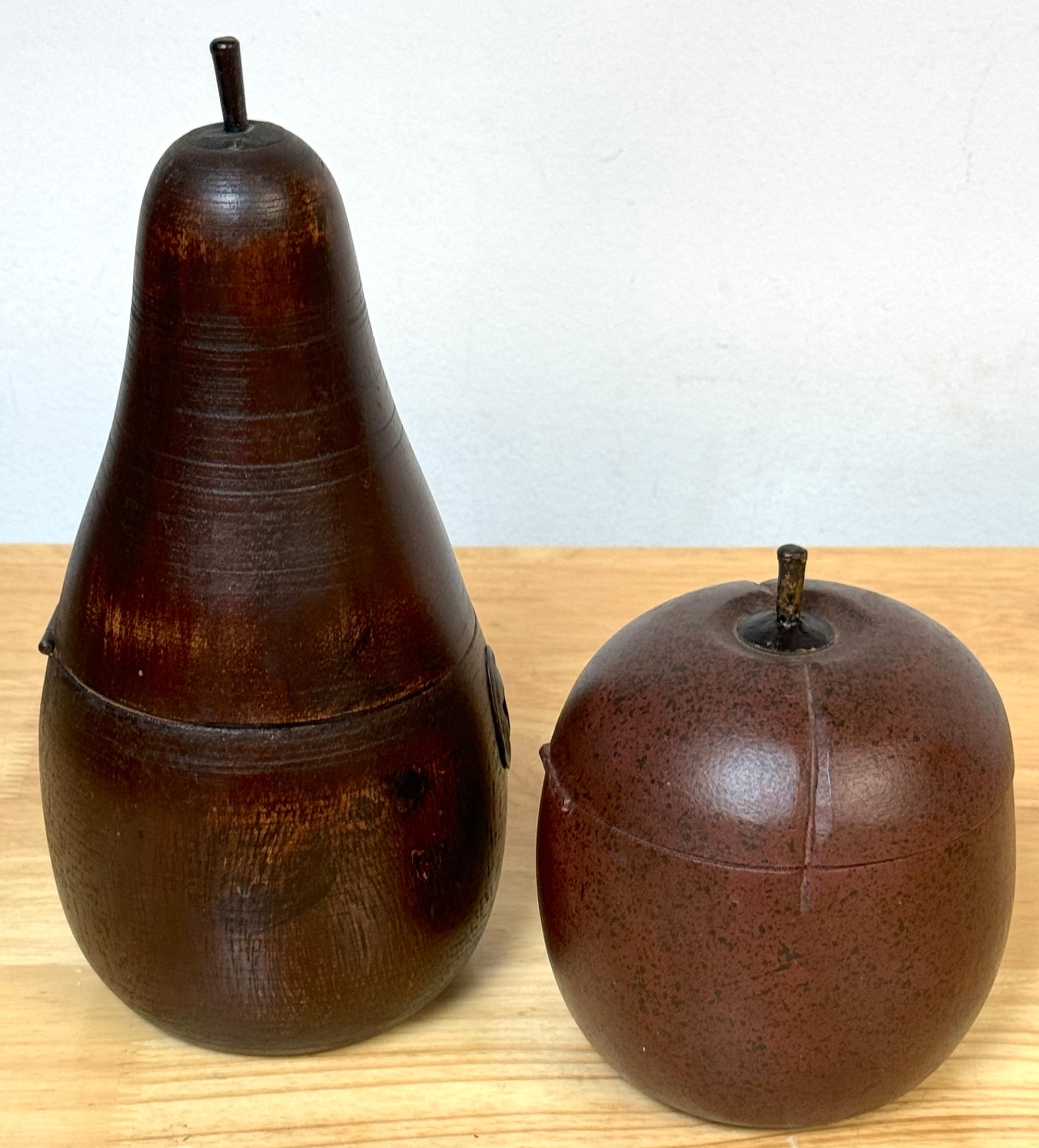 Blackened Two 20th C English Style Polychromed Carved Wood Apple & Pear Boxes/Tea Caddies For Sale