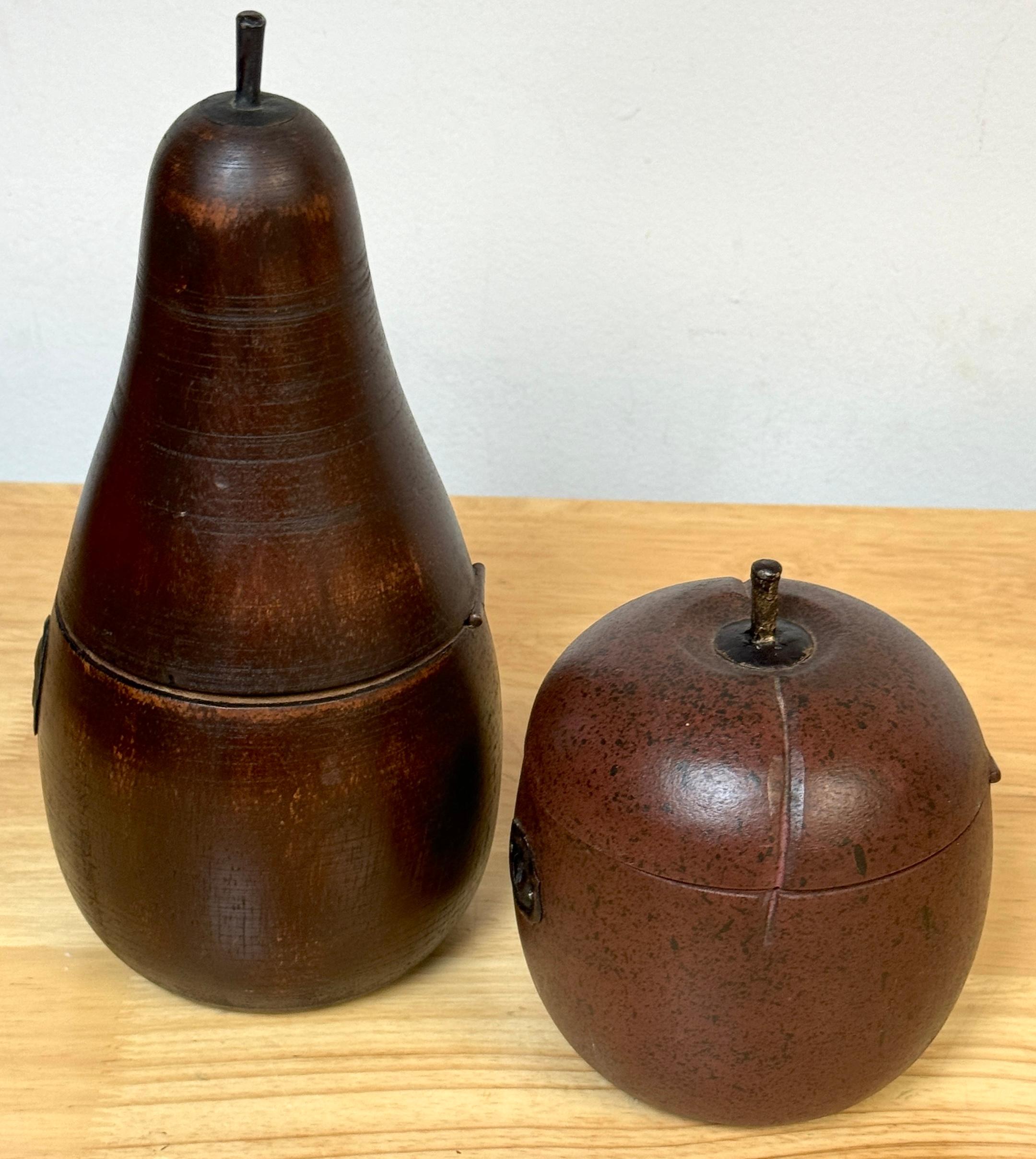 Two 20th C English Style Polychromed Carved Wood Apple & Pear Boxes/Tea Caddies For Sale 1
