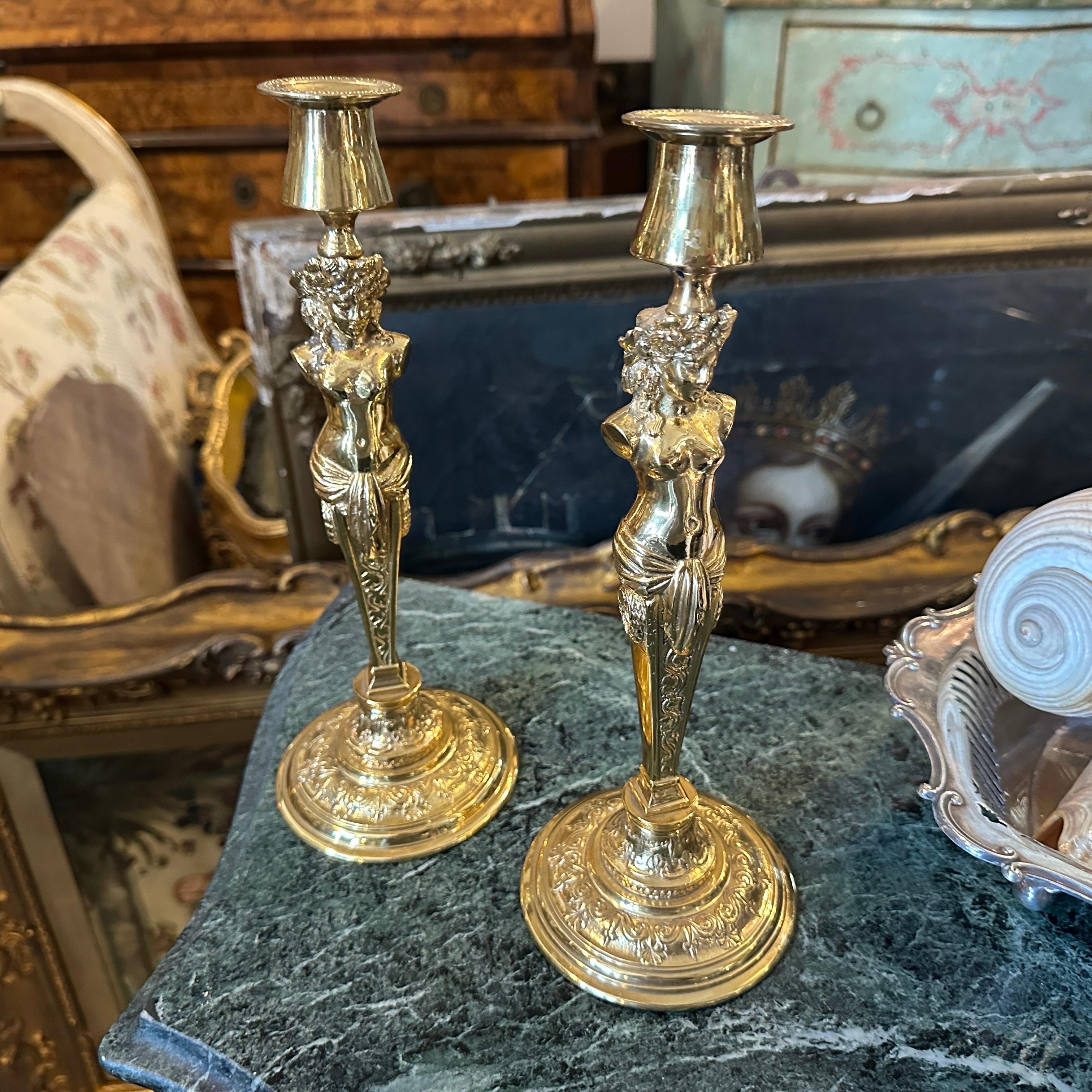 Two 20th Century Art Nouveau Gilded Metal Italian Candlesticks For Sale 8