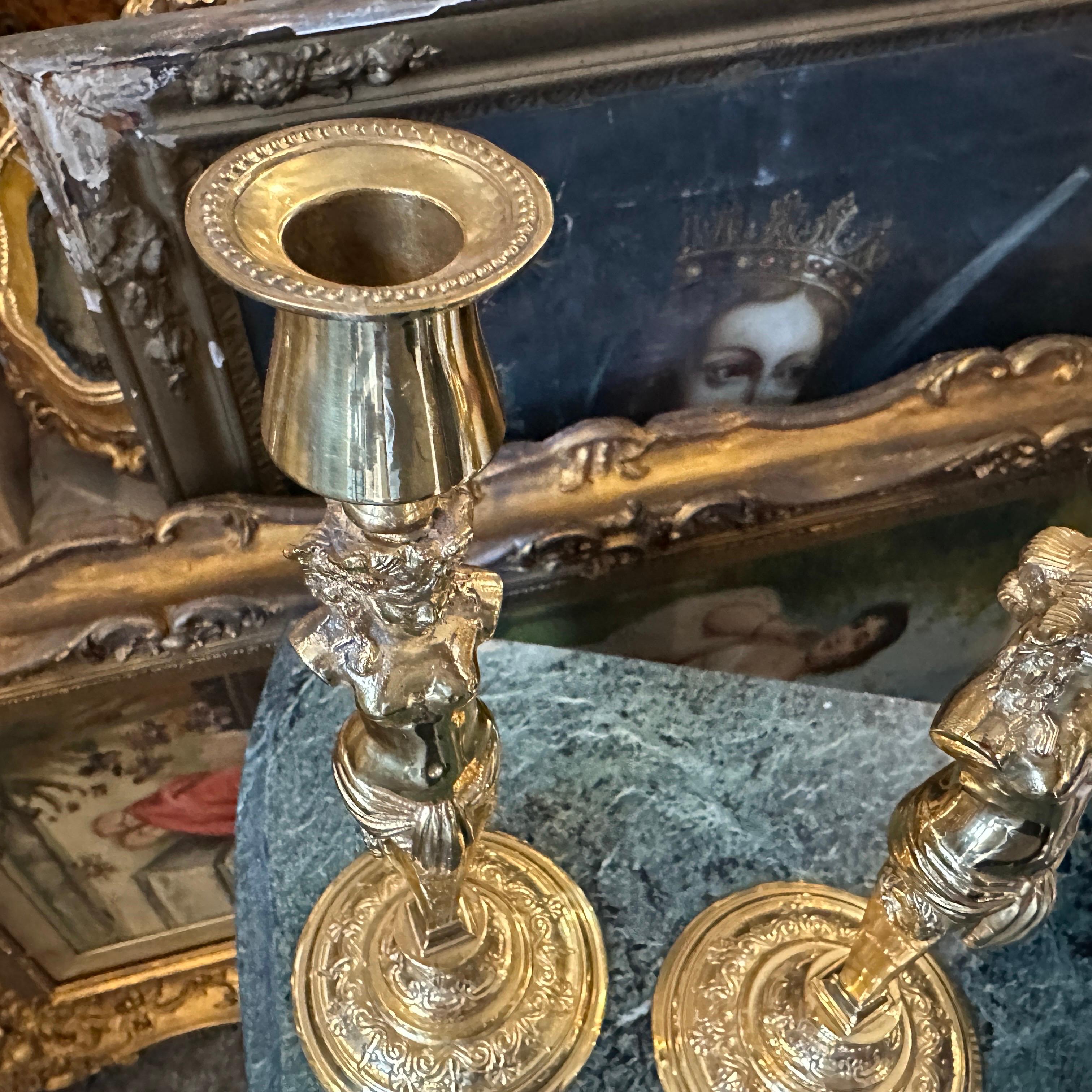 Two 20th Century Art Nouveau Gilded Metal Italian Candlesticks For Sale 9
