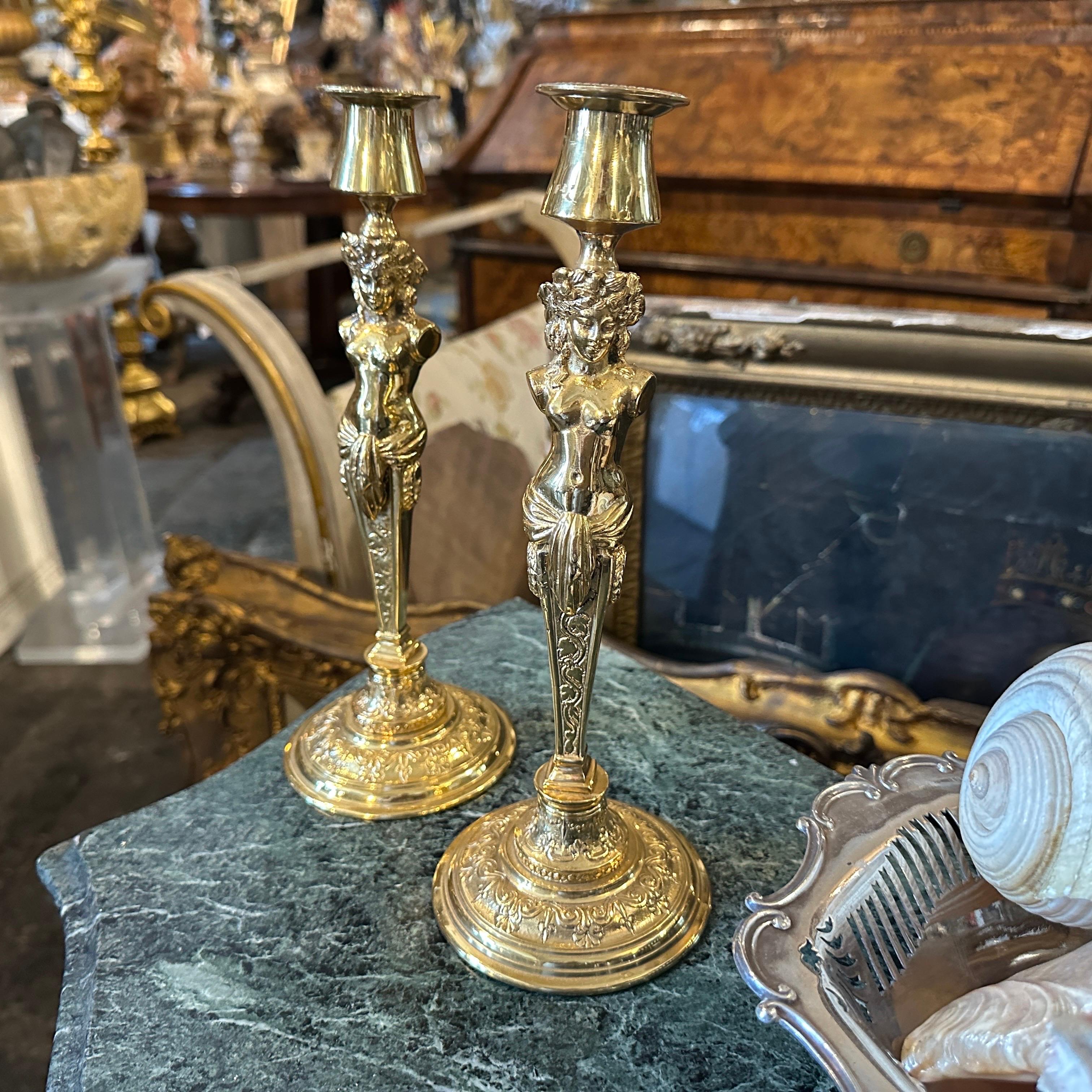 Two 20th Century Art Nouveau Gilded Metal Italian Candlesticks For Sale 10