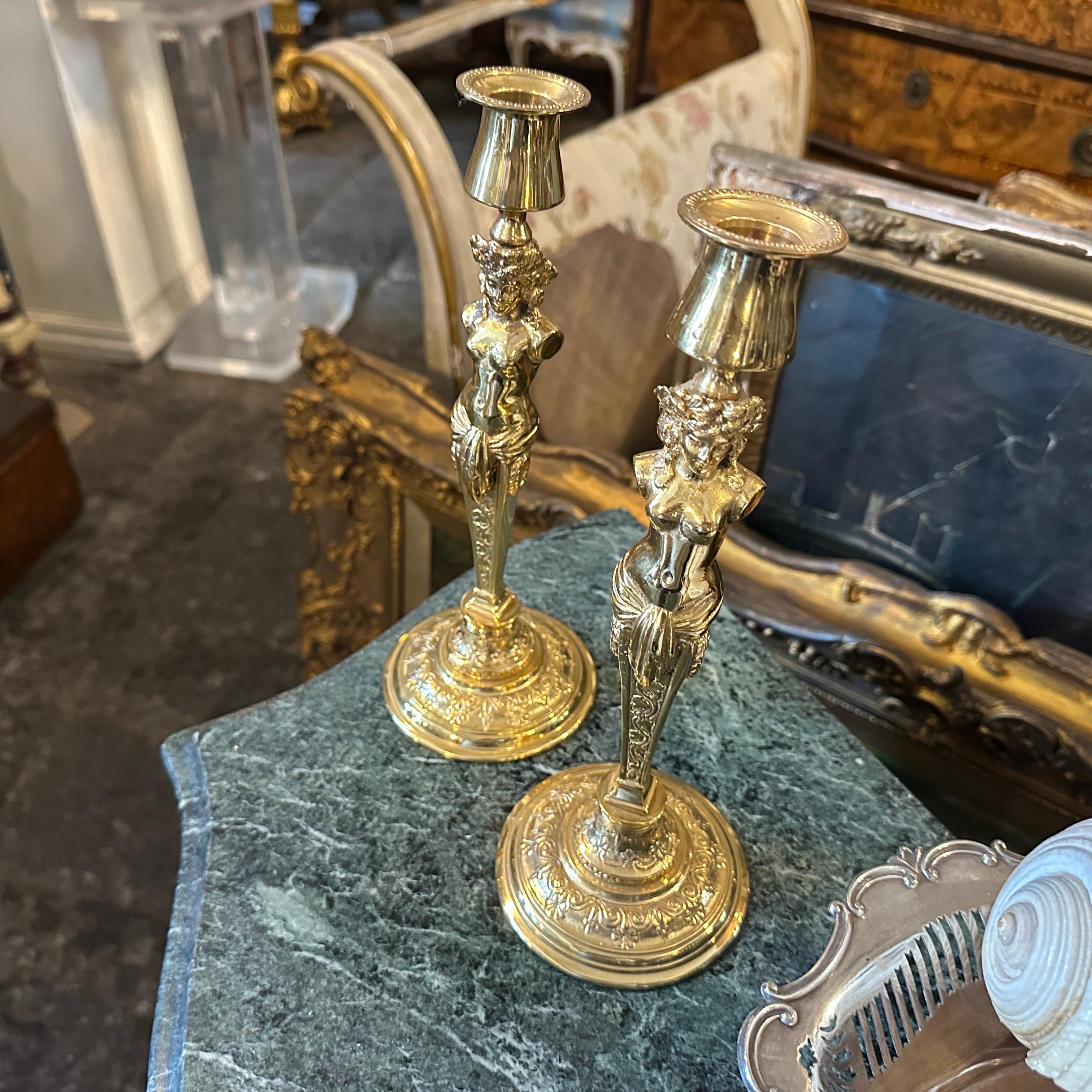 Two 20th Century Art Nouveau Gilded Metal Italian Candlesticks For Sale 11