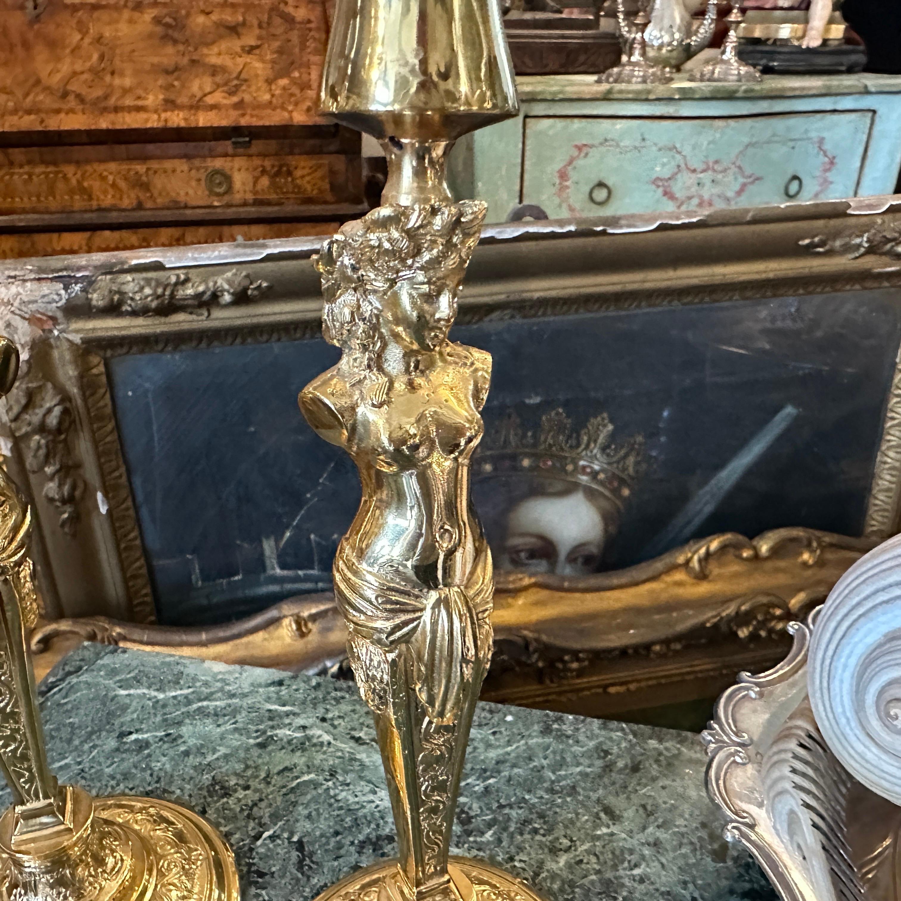 Two 20th Century Art Nouveau Gilded Metal Italian Candlesticks For Sale 1