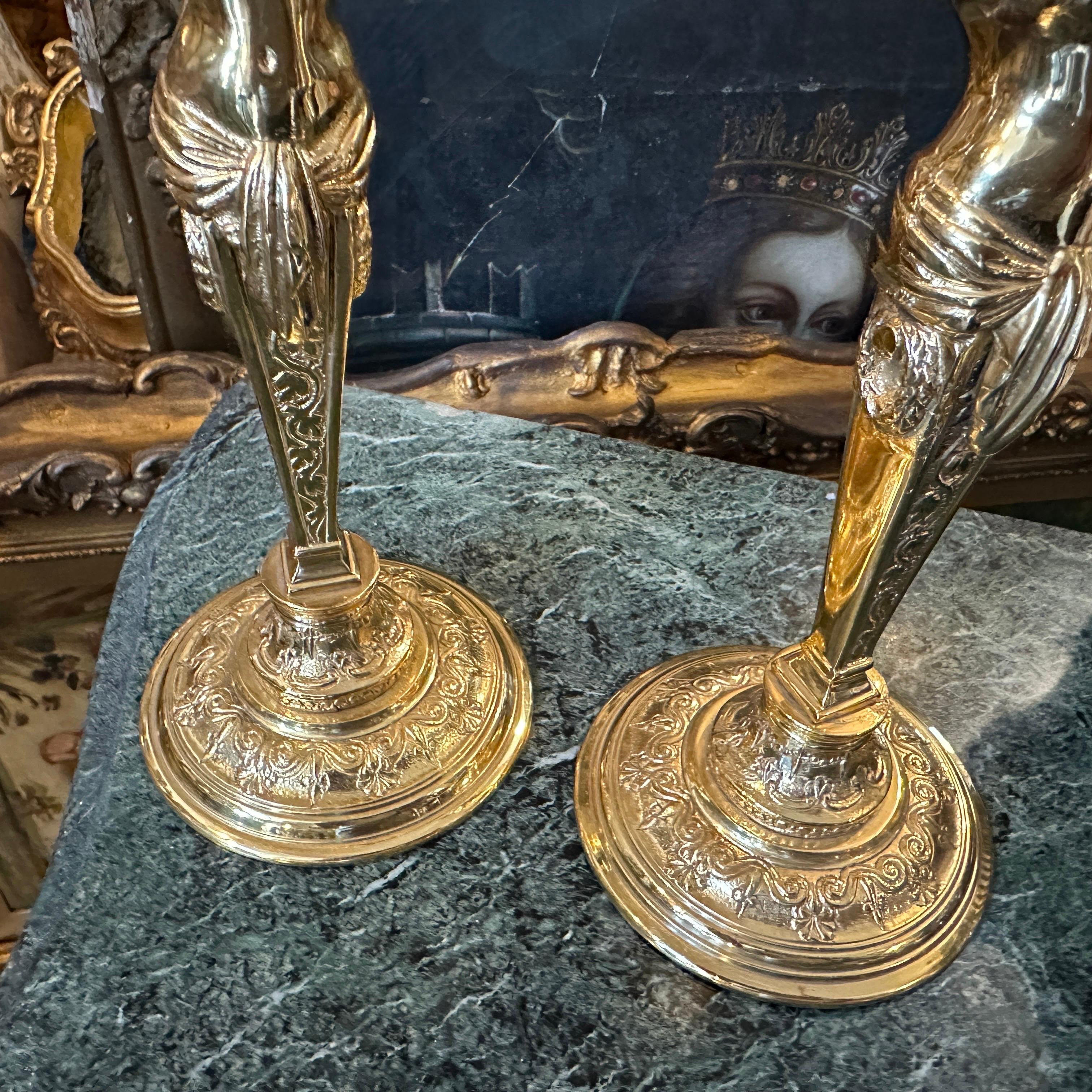 Two 20th Century Art Nouveau Gilded Metal Italian Candlesticks For Sale 2