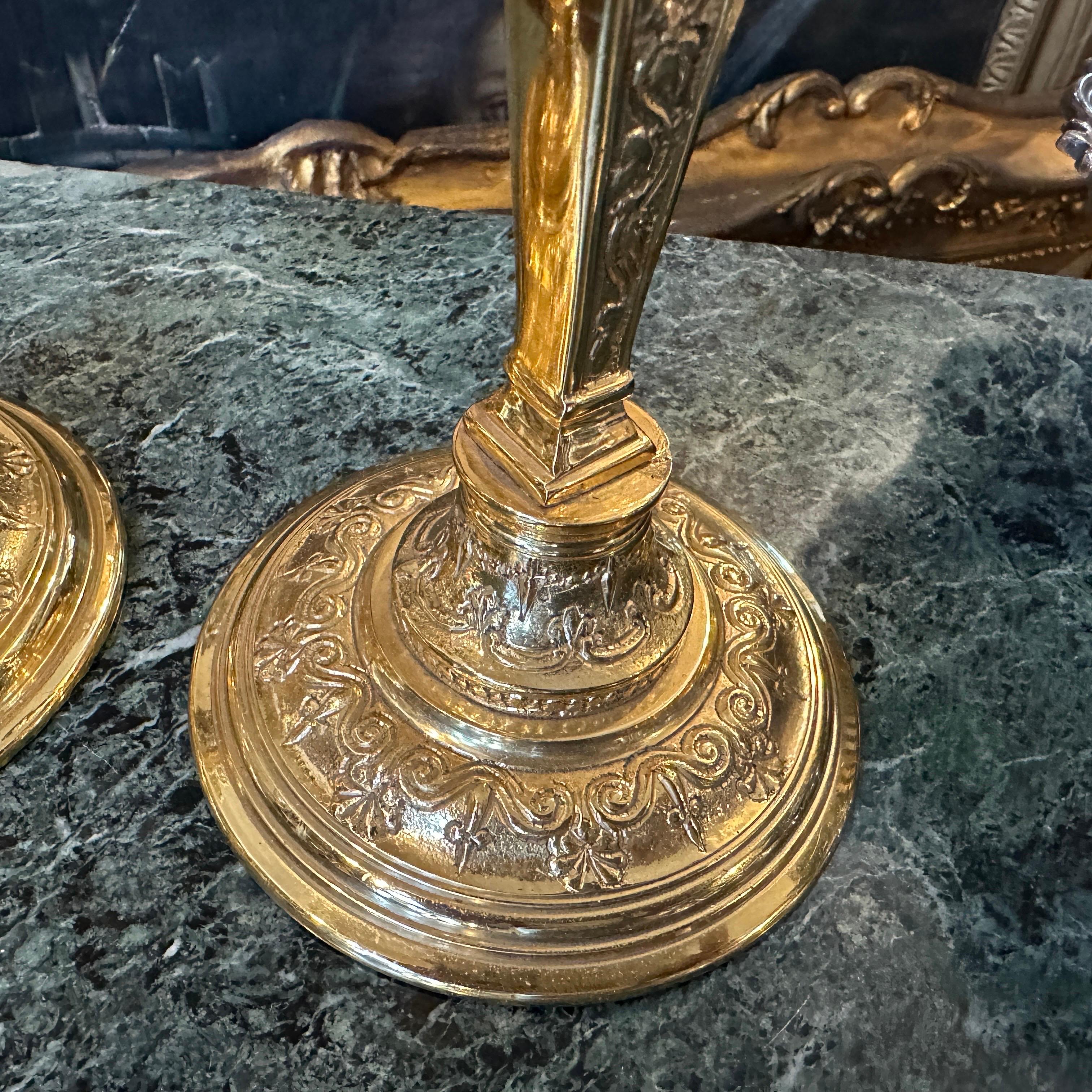 Two 20th Century Art Nouveau Gilded Metal Italian Candlesticks For Sale 3