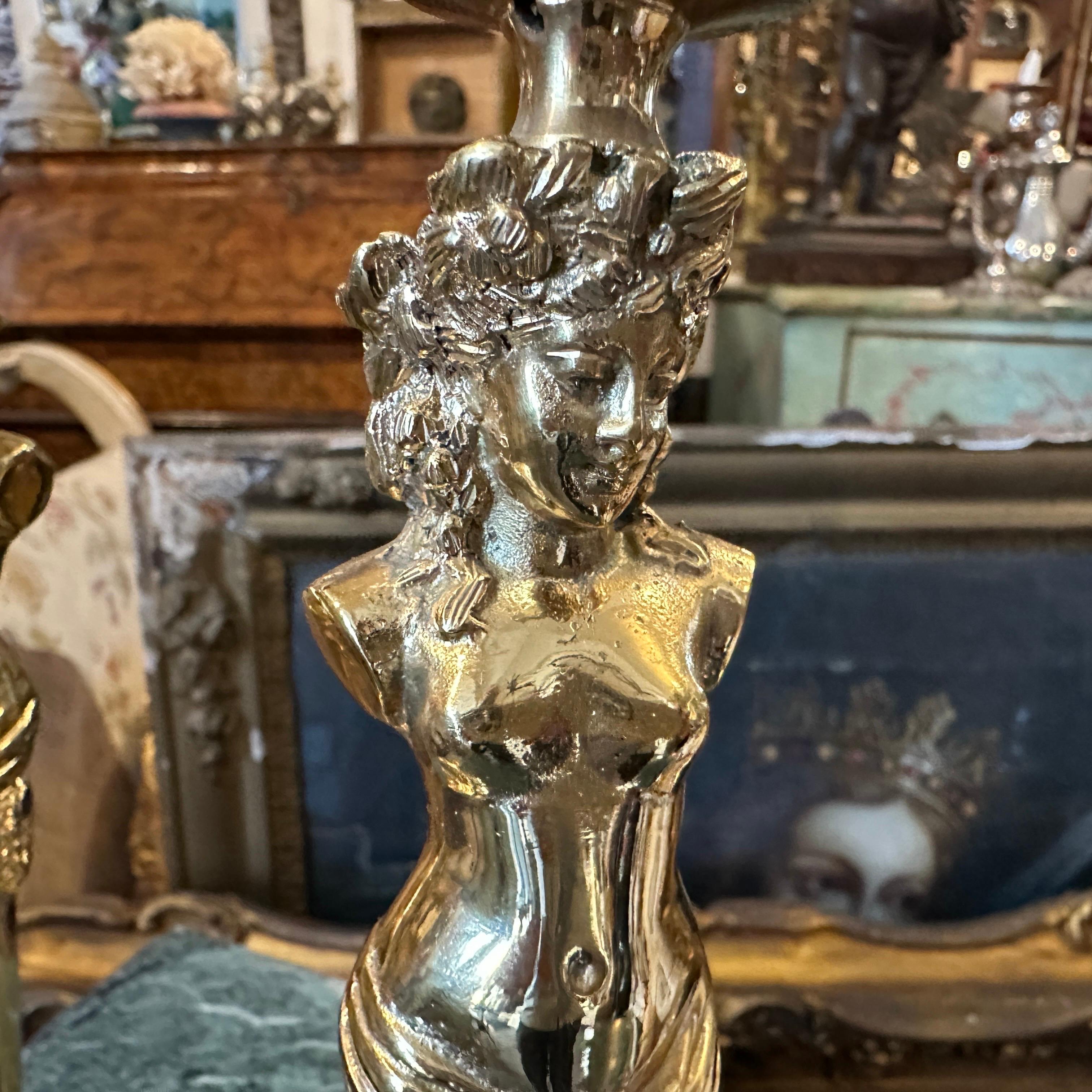 Two 20th Century Art Nouveau Gilded Metal Italian Candlesticks For Sale 6