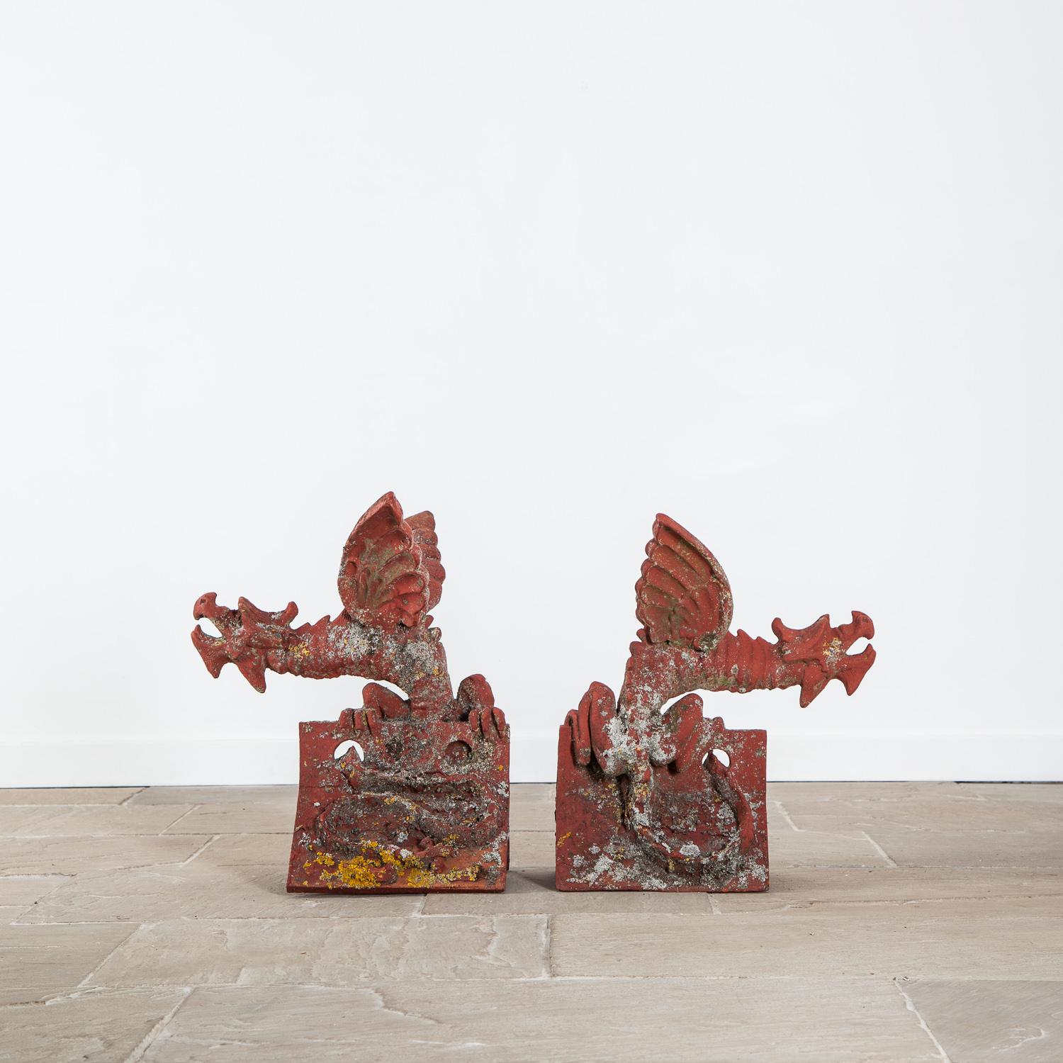 Two 20th Century Handmade Painted Terracotta Ridge Tiles in the form of Dragons In Good Condition In York, GB