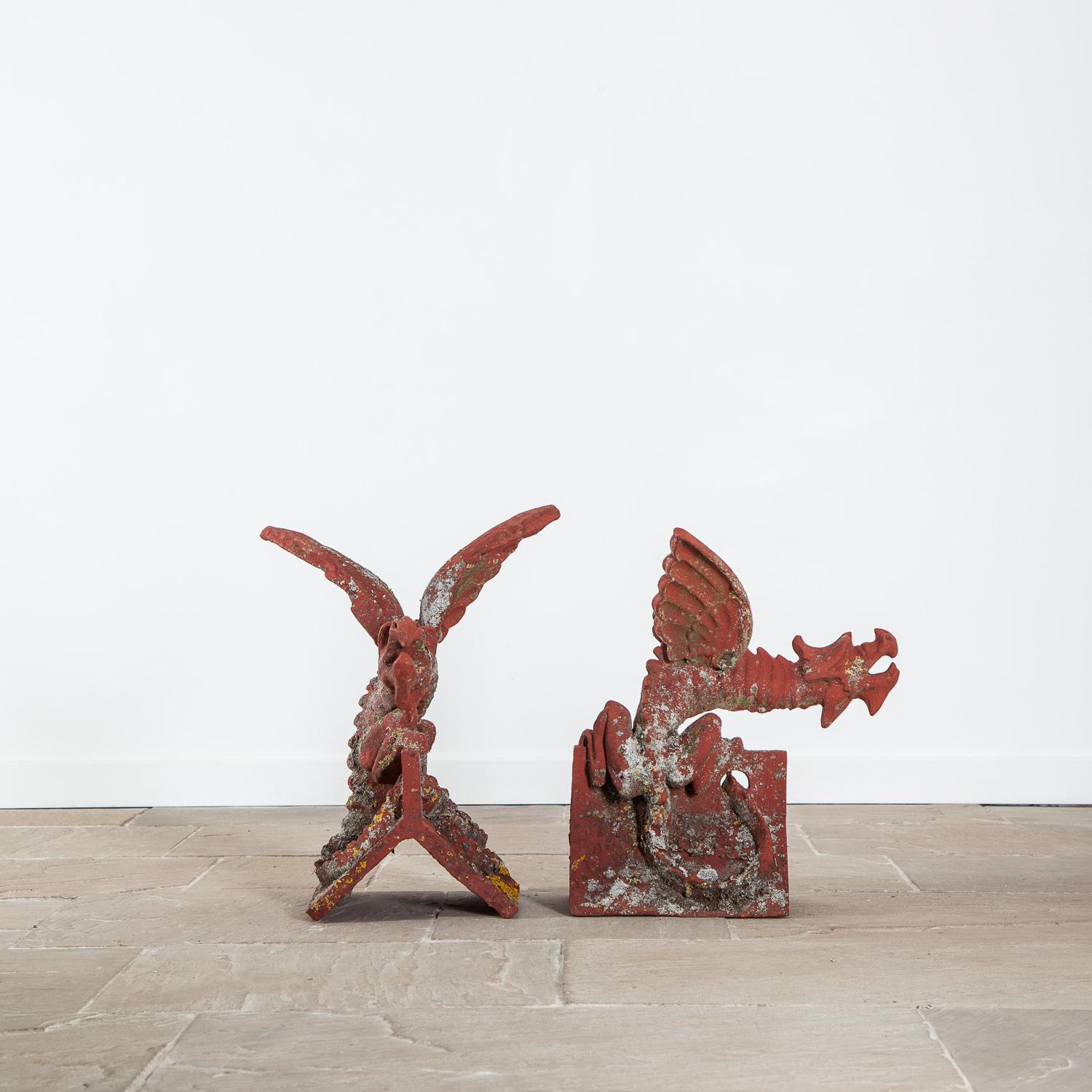 Two 20th Century Handmade Painted Terracotta Ridge Tiles in the form of Dragons 1