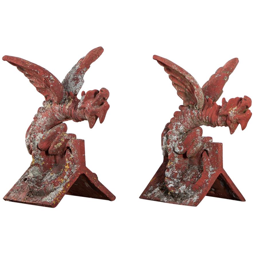 Two 20th Century Handmade Painted Terracotta Ridge Tiles in the form of Dragons