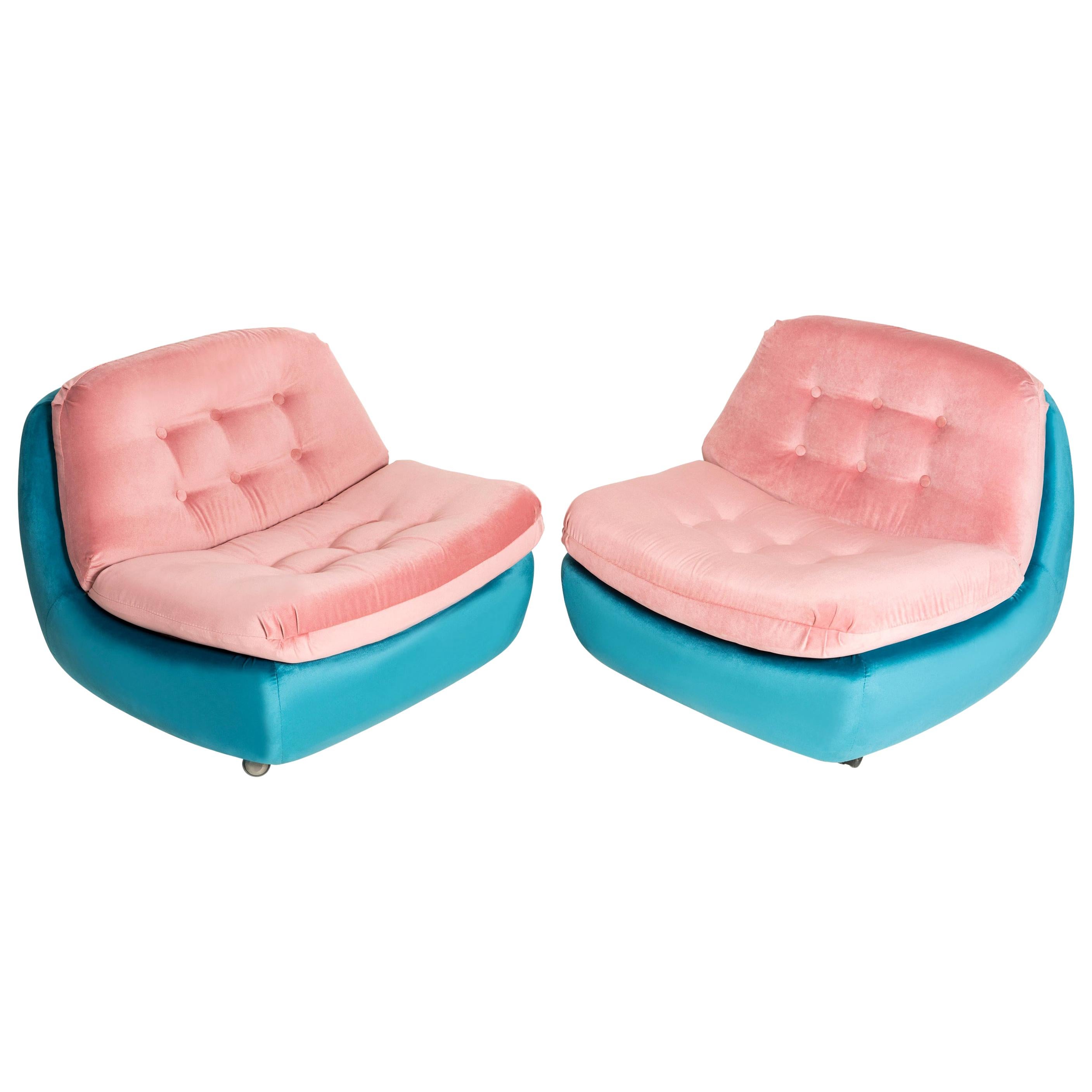 Two 20th Century Vintage Pink and Blue Atlantis Armchairs, 1960s For Sale