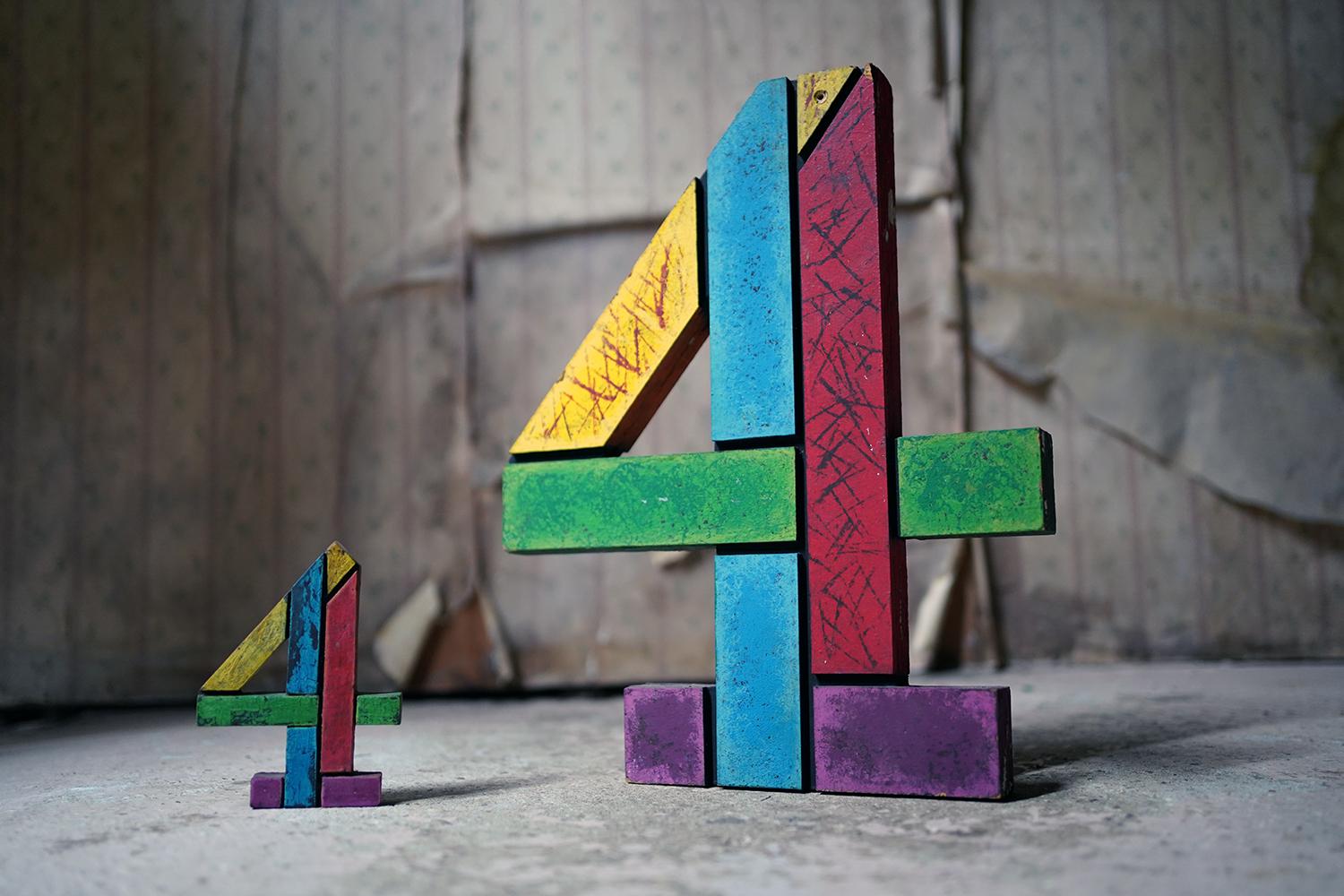 Mid-Century Modern Two 20thC Channel 4 Production Painted Wooden Block Logo Idents, c.1990-95