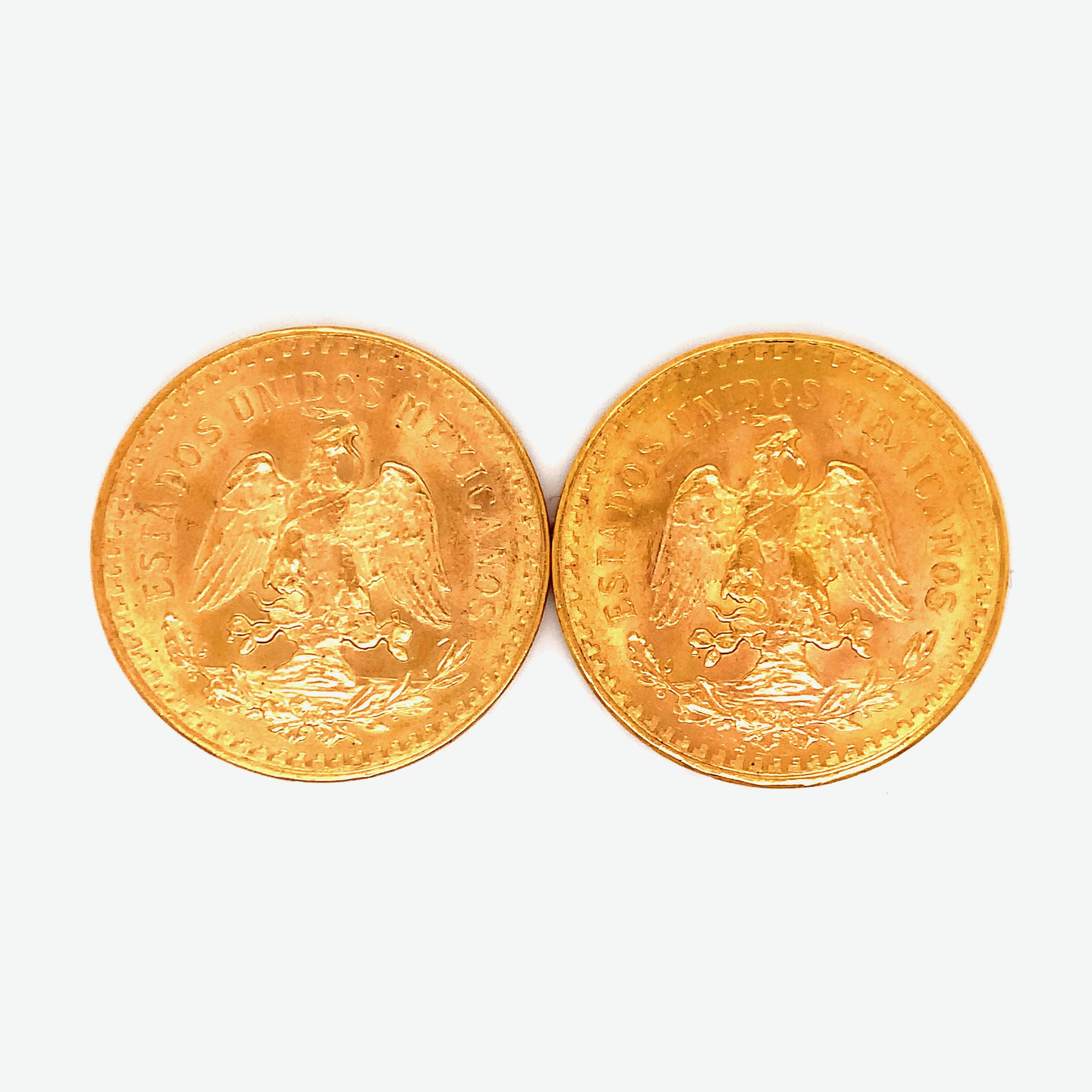 A set of two 50 pesos gold coins from Mexico, marked 1946 and 1947. The front of each gold coin features 