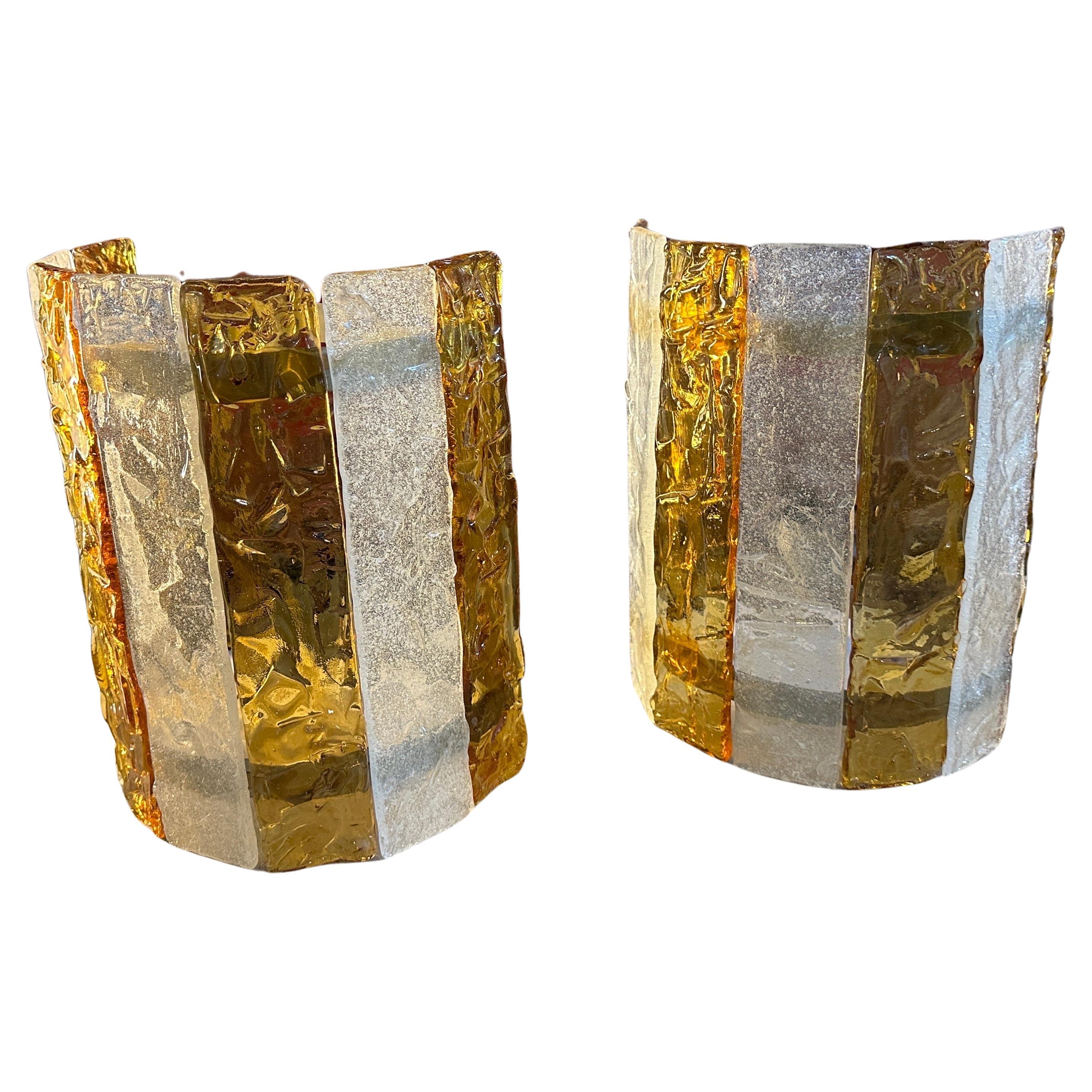 Two 70s Mid-Century Modern White and Yellow Murano Glass Wall Sconces by Mazzega For Sale