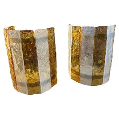 Two 70s Mid-Century Modern White and Yellow Murano Glass Wall Sconces by Mazzega