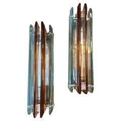 Two 70s Space Age Pink and Green Heavy Glass Wall Sconces by Lupi Cristal Luxor