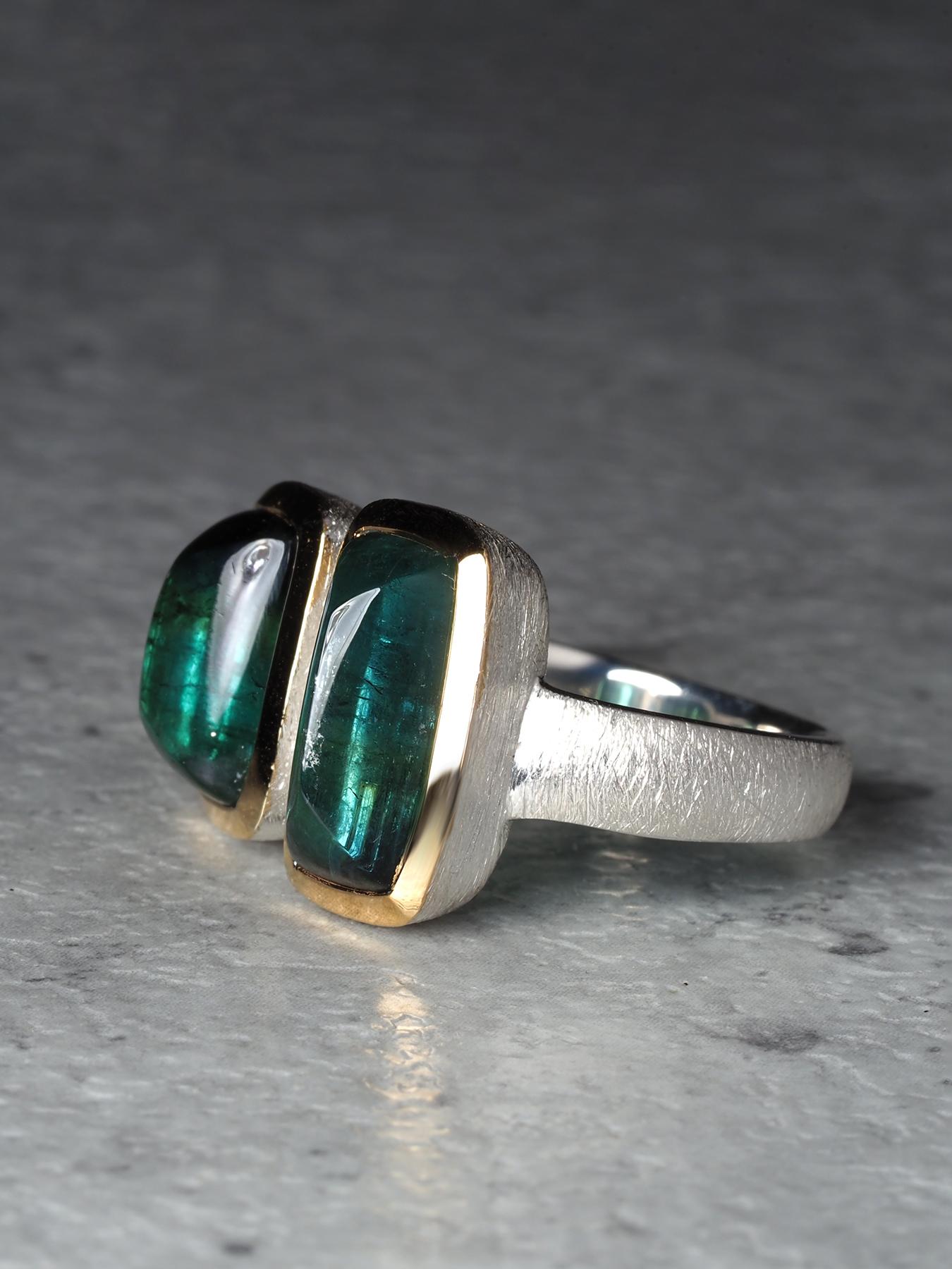 Anello con due tormaline verdi da 7 carati in oro 18 carati e argento sterling, regalo fatto a mano in vendita 6