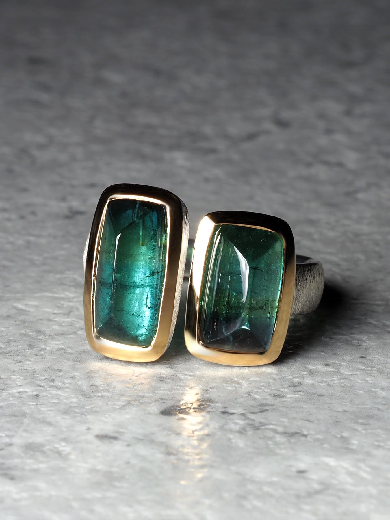 Anello con due tormaline verdi da 7 carati in oro 18 carati e argento sterling, regalo fatto a mano in vendita 9