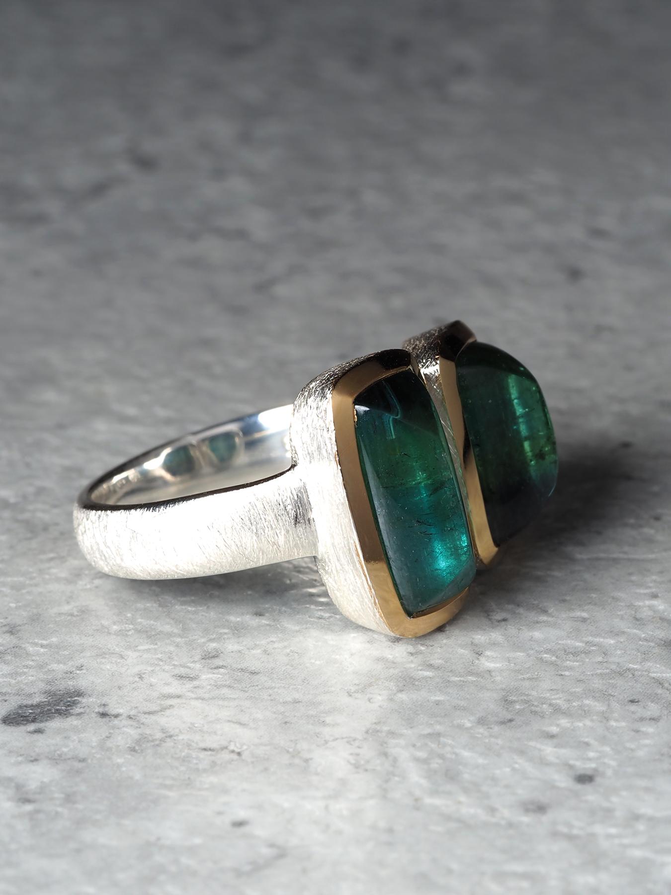 Anello con due tormaline verdi da 7 carati in oro 18 carati e argento sterling, regalo fatto a mano in vendita 10