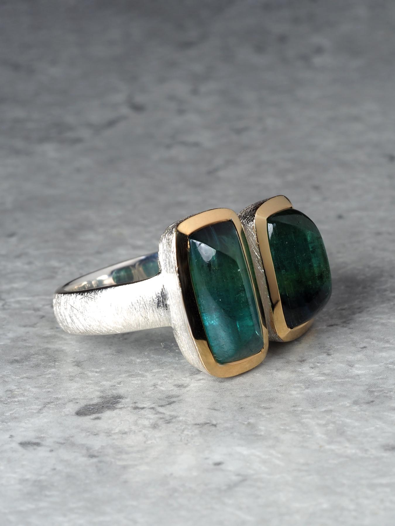 Anello con due tormaline verdi da 7 carati in oro 18 carati e argento sterling, regalo fatto a mano in vendita 11