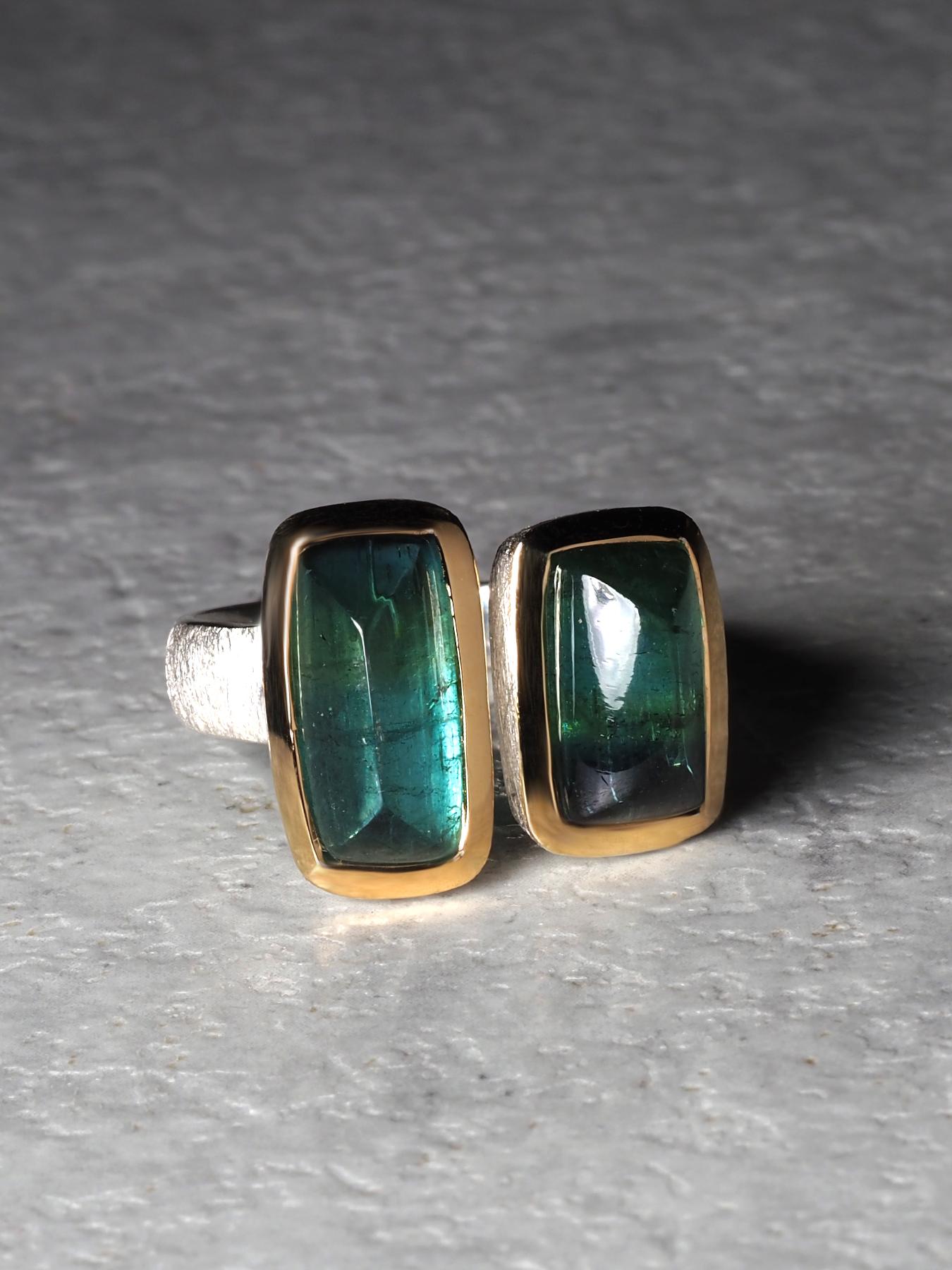 Anello con due tormaline verdi da 7 carati in oro 18 carati e argento sterling, regalo fatto a mano in vendita 12