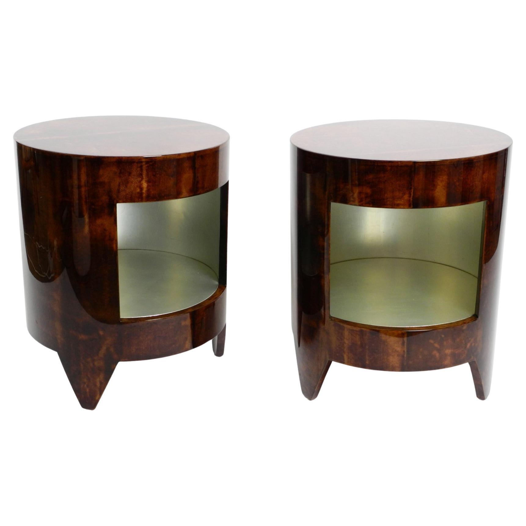 Two 90s coffee tables "night&day" by Tura made of wood covered with goatskin For Sale