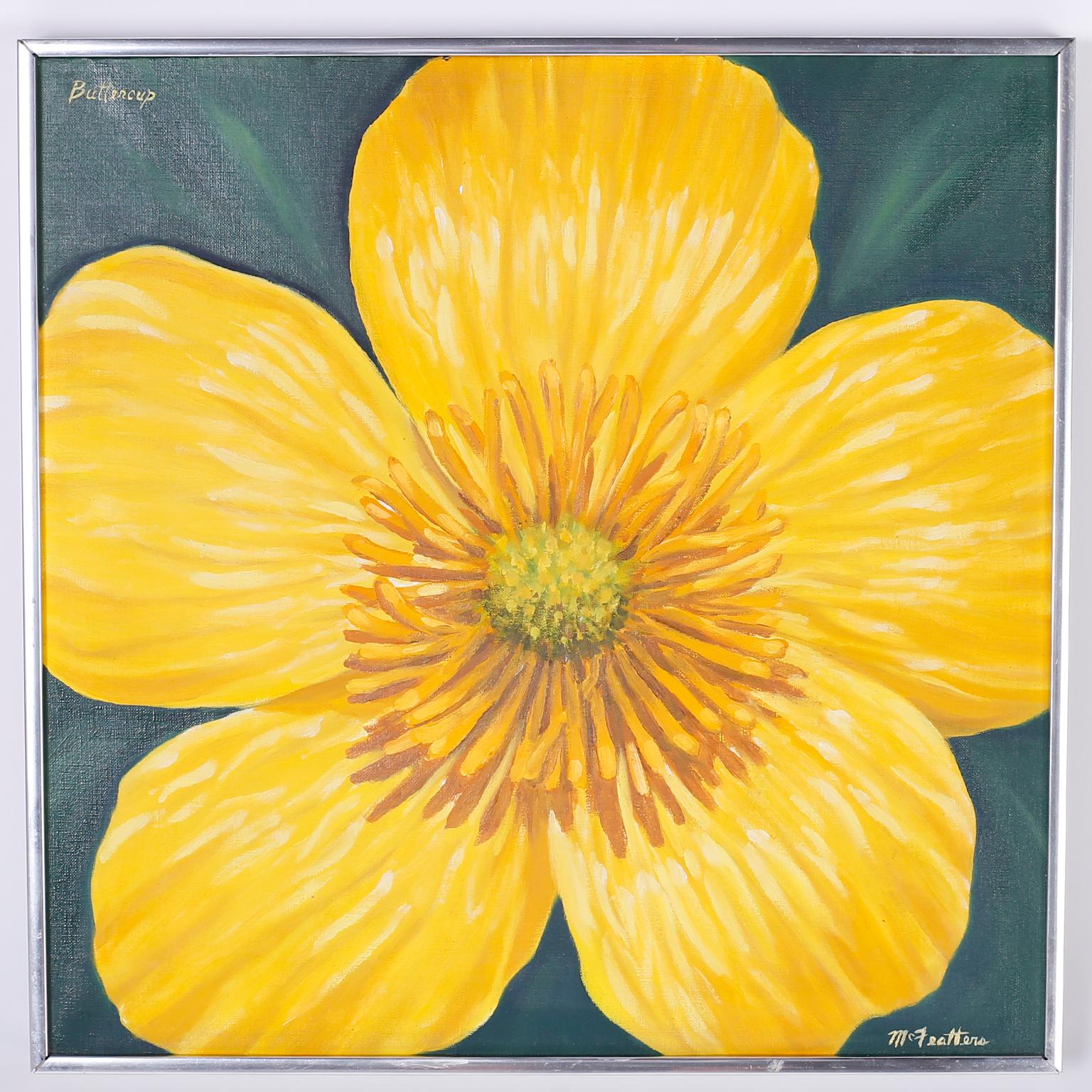 Midcentury flower paintings executed with acrylic on canvas in a bold vibrant style, titled Buttercup and Trout Lilly. Signed McFeatters and presented in the original aluminum frames. Priced individually.