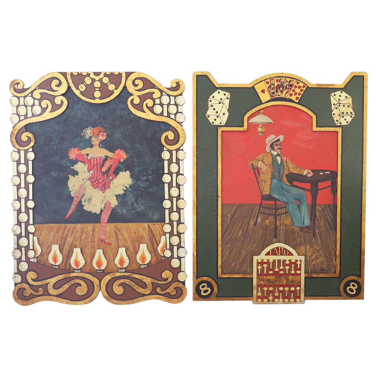 Two Acrylic Paintings on Board of a Cabaret Dancer and Poker Player For Sale