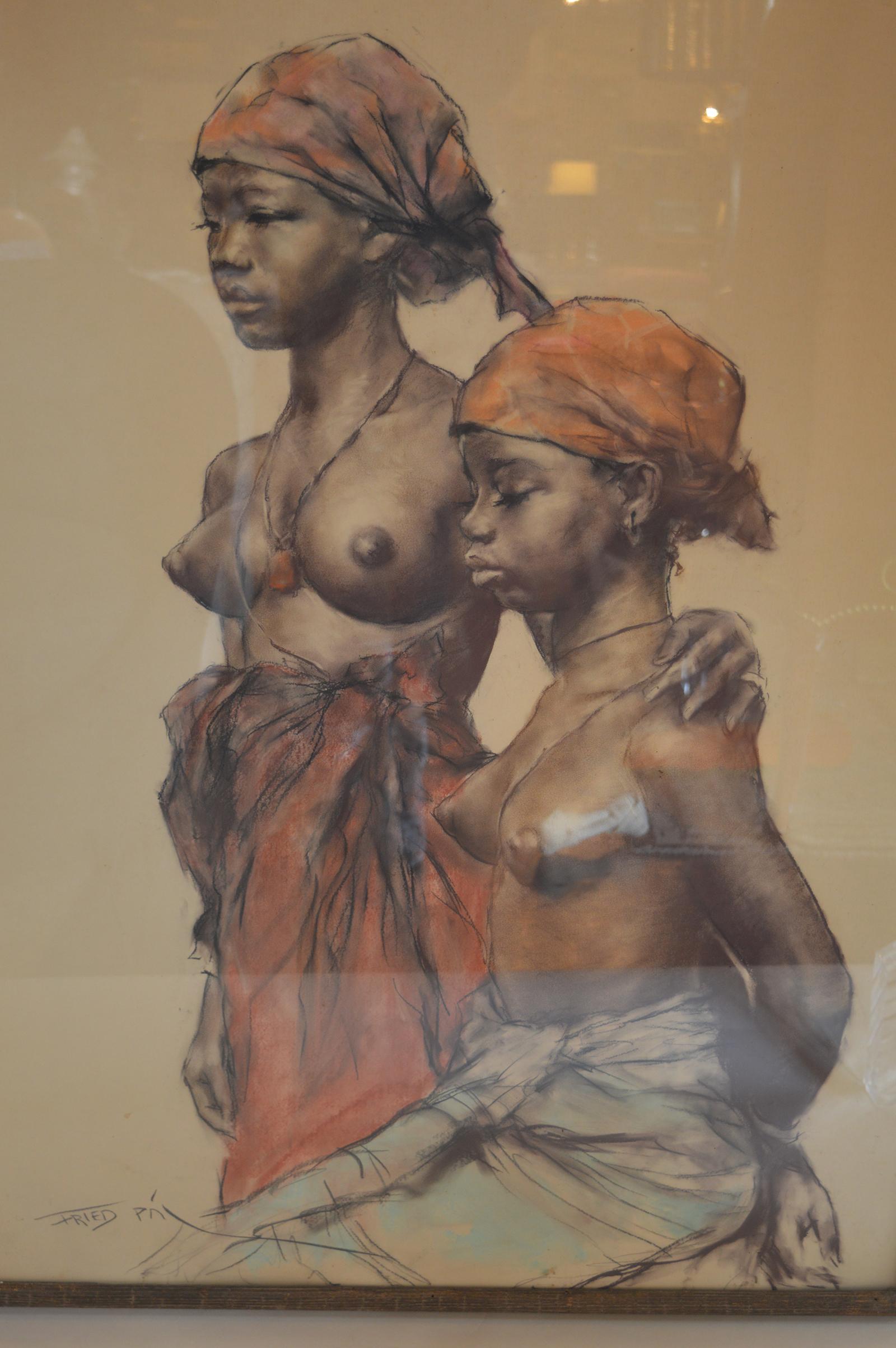 Two African Woman pastel on paper by Pal Fried, an American/Hungarian artist. From the estate of Zsa Zsa Gabor.