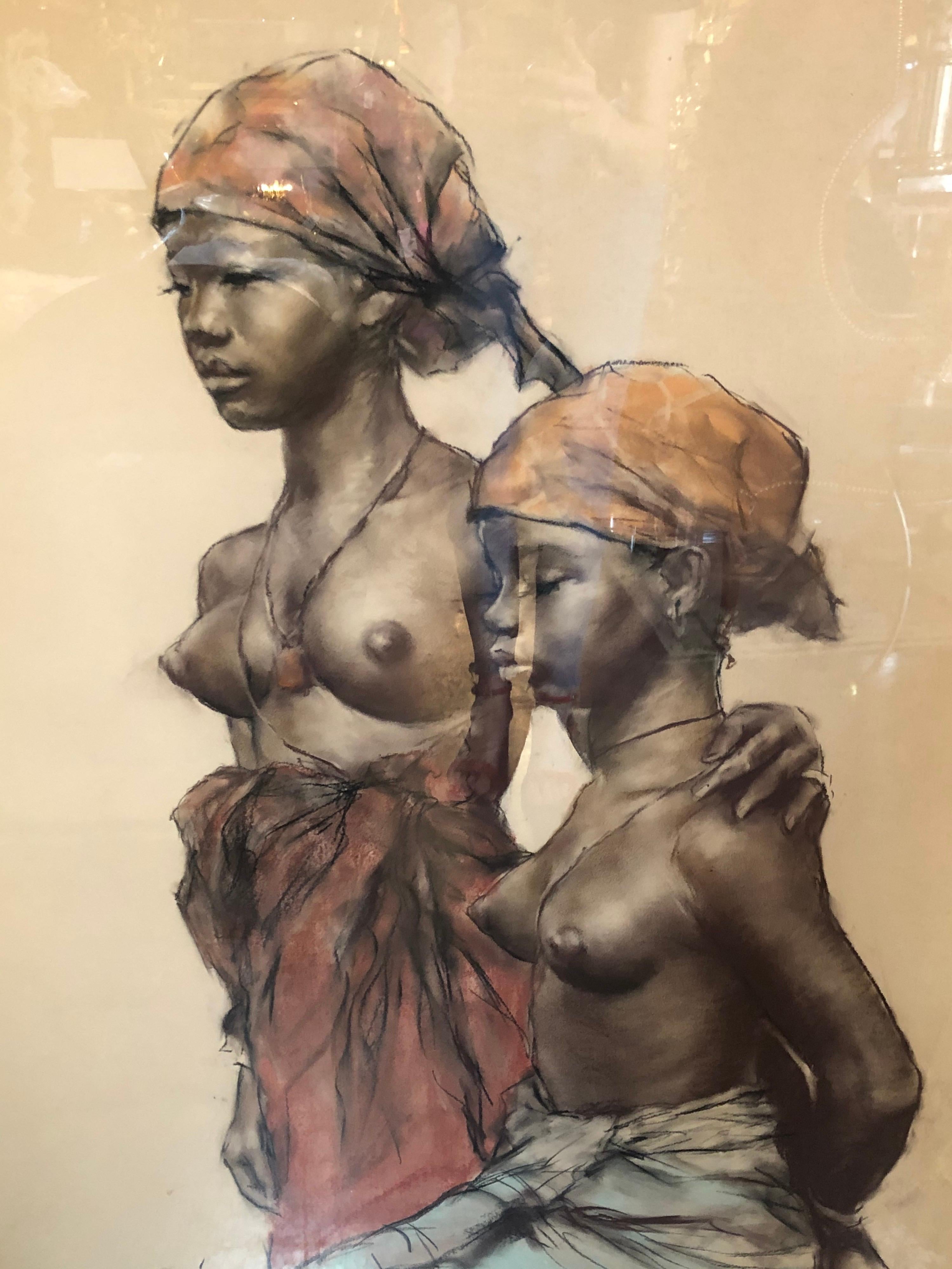 Deux femmes africaines, pastel sur papier de Pal Fried, artiste américano-hongrois. Provenant de la succession de Zsa Zsa Gabor. Nouvellement encadré.