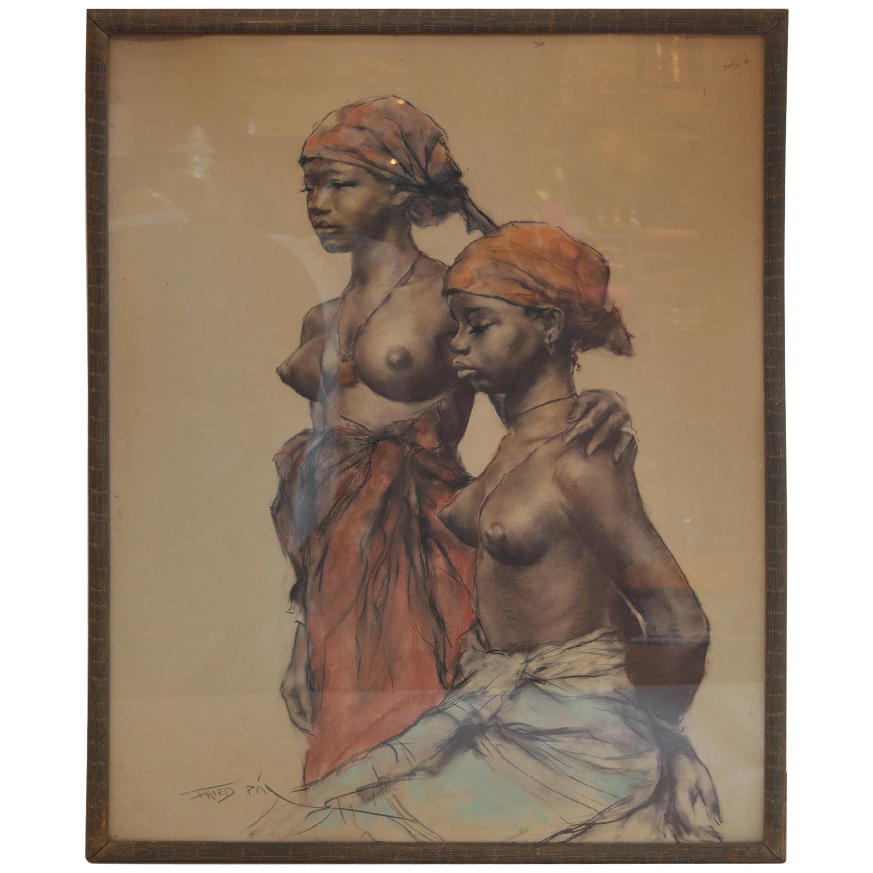 Two African Woman, Pastel on Paper by Pal Fried