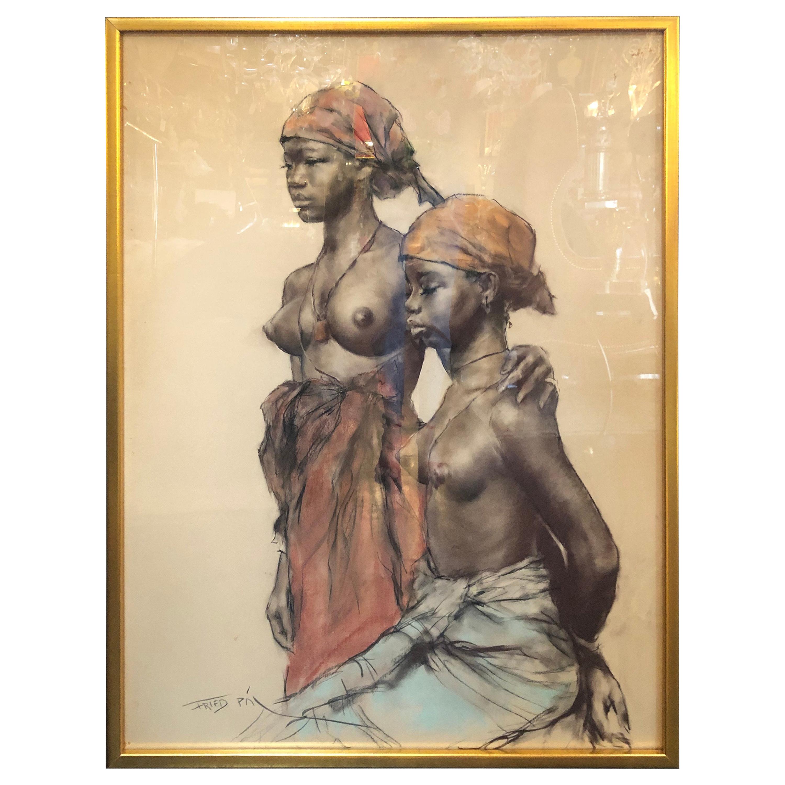 Two African Women, Pastel on Paper by Pal Fried