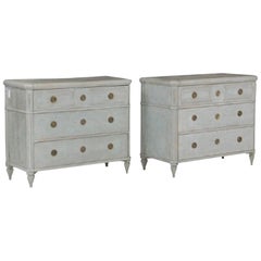 Two Almost Identical Painted Swedish Commodes, Each with Three Broad Drawers